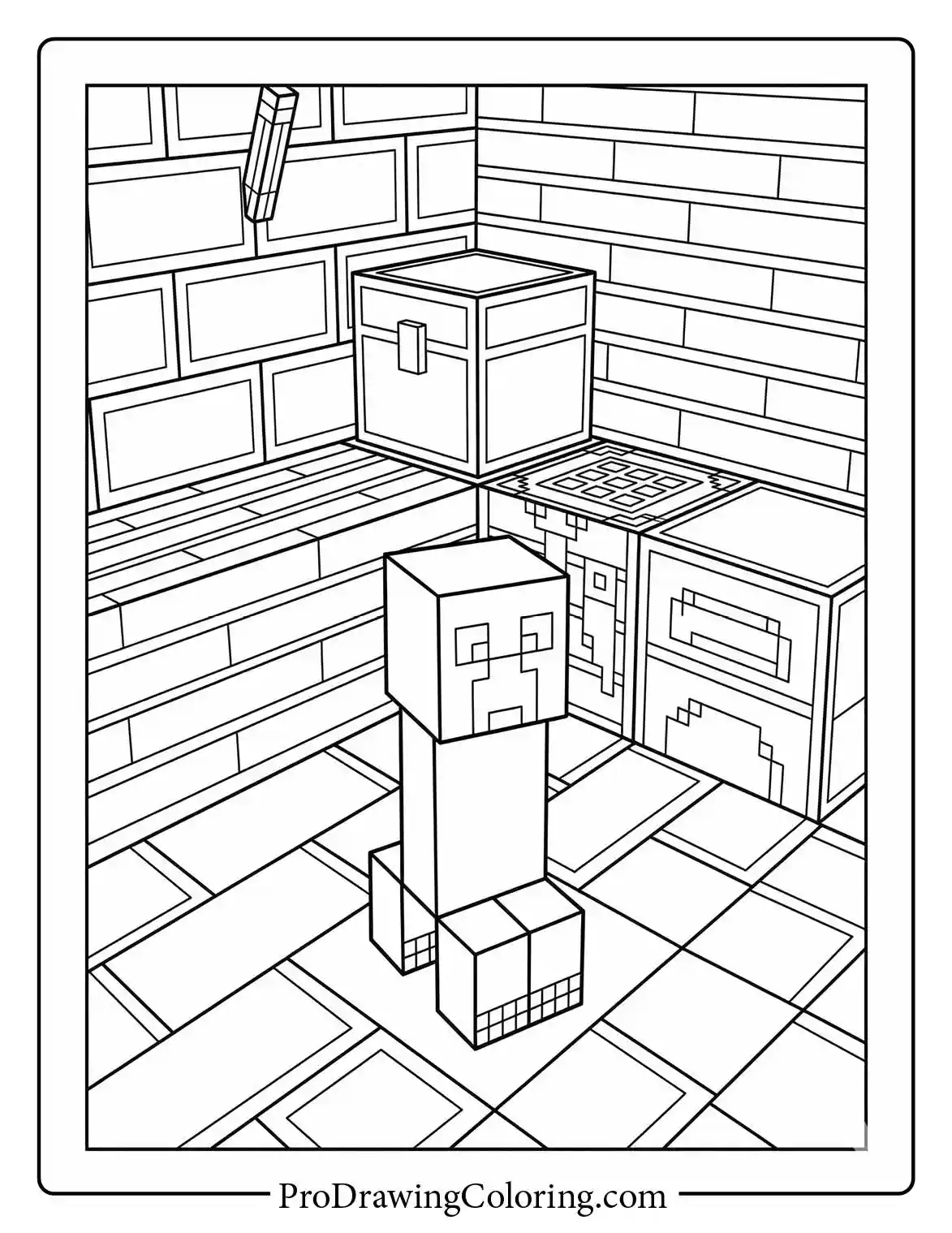 Free coloring page showing a Creeper exploring the interior of a stone house near a large chest and a furnace.