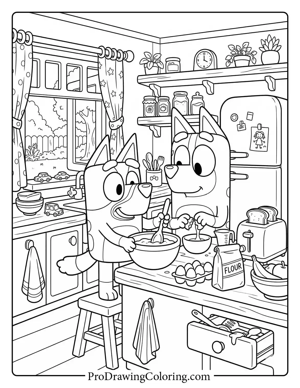 Free printable drawing of Mom Chilli and Bluey mixing dough in a bowl in the kitchen.