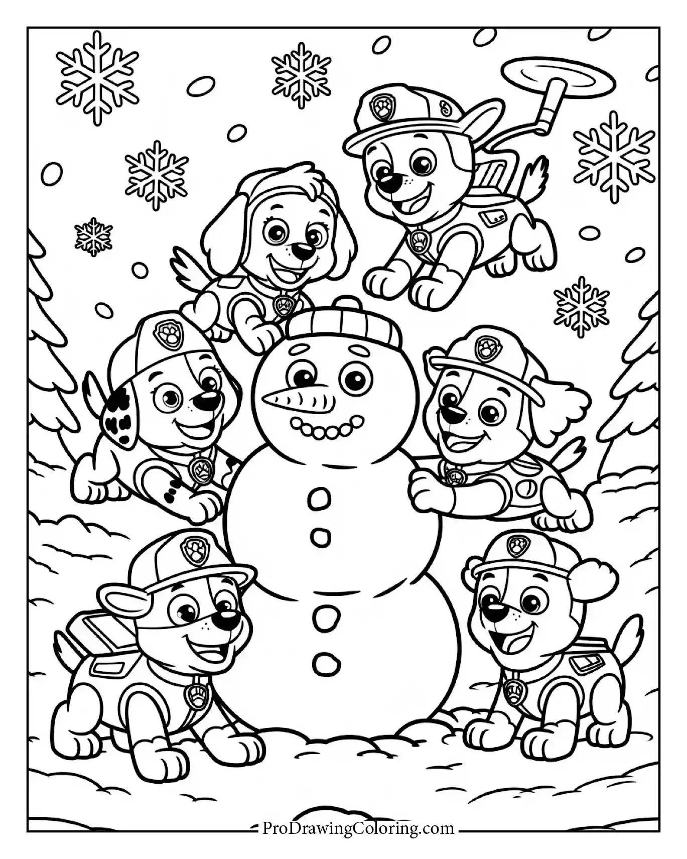 Free paw patrol coloring pages showing the pups in a snowy landscape