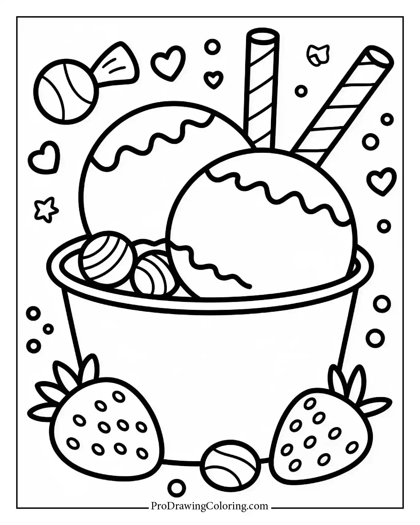 Free printable page of ice cream cones and sundaes for coloring