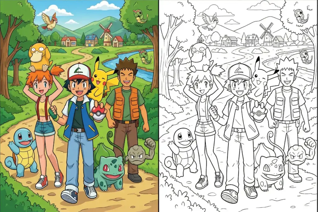 Pokemon coloring pages - A vibrant miniature image showing Ash, Misty, Brock, Pikachu, Squirtle, and Bulbasaur on a village path, along with its line art version.