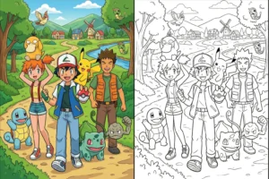 Pokemon coloring pages - A vibrant miniature image showing Ash, Misty, Brock, Pikachu, Squirtle, and Bulbasaur on a village path, along with its line art version.
