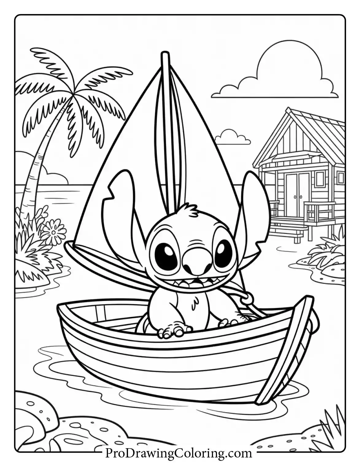 Serene free printable stitch coloring pages of him rowing a boat in summer Hawaii.