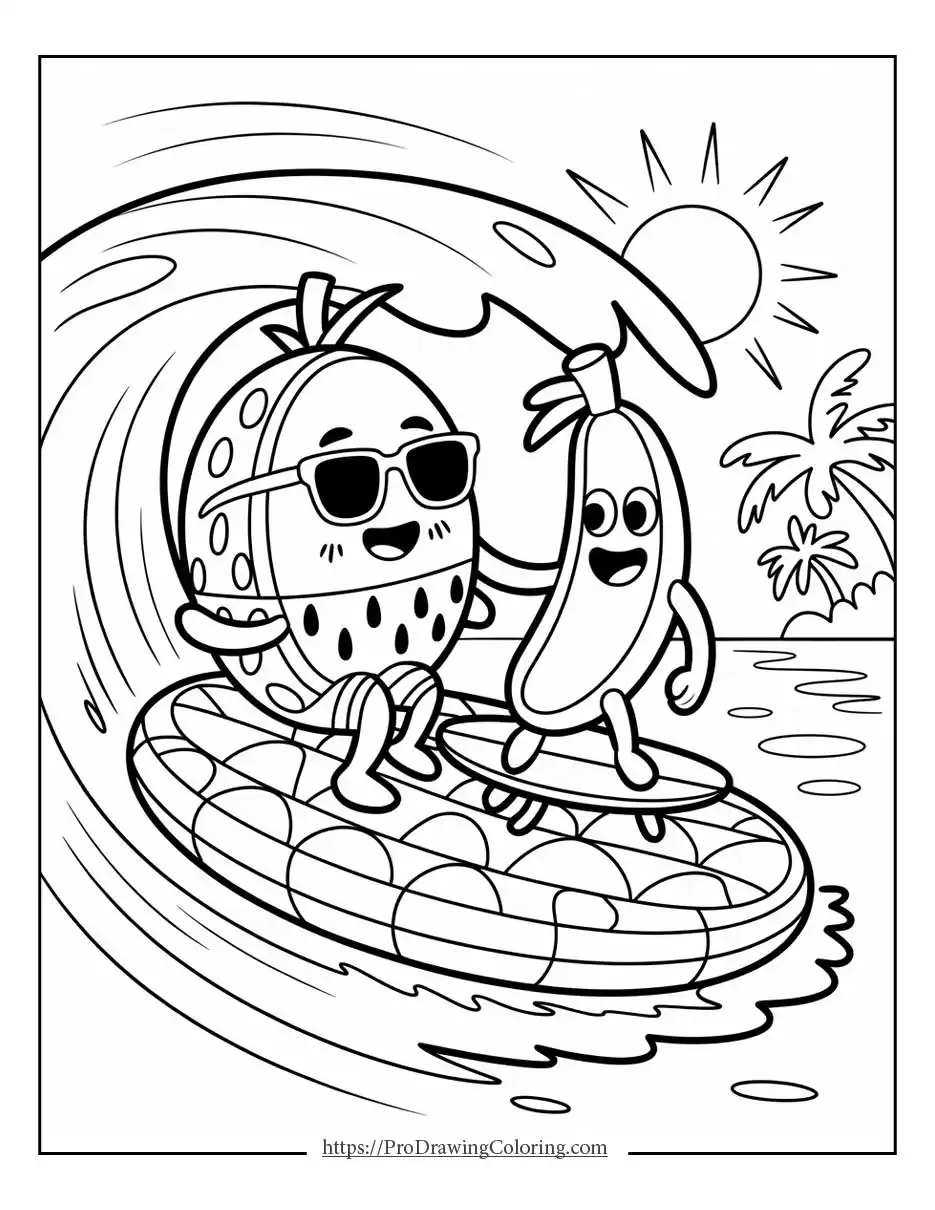 Summer beach scene with bucket, shovel, shells, and smiling sun in free printable summer coloring pages