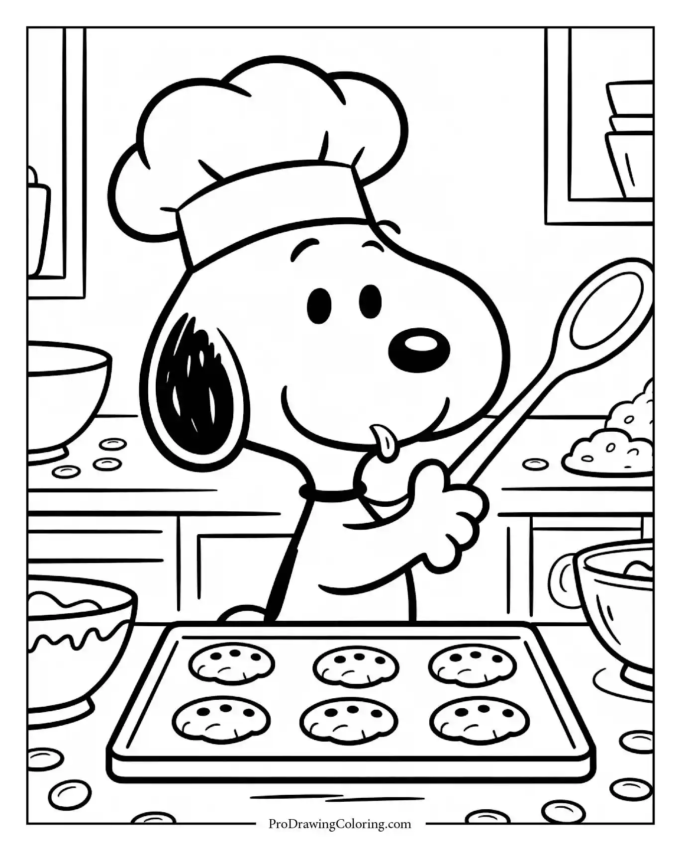 A coloring page of free snoopy coloring pages wearing a tall chef hat and holding a wooden spoon while baking some delicious cookies.