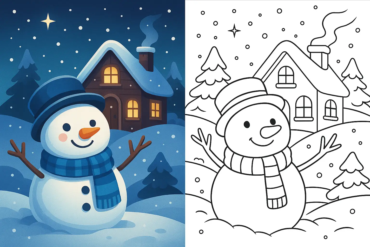Snowman coloring page showing a cheerful snowman with a blue scarf and hat standing in front of a cozy winter cabin, next to a printable black and white version for kids and adults by Pro Drawing Coloring.