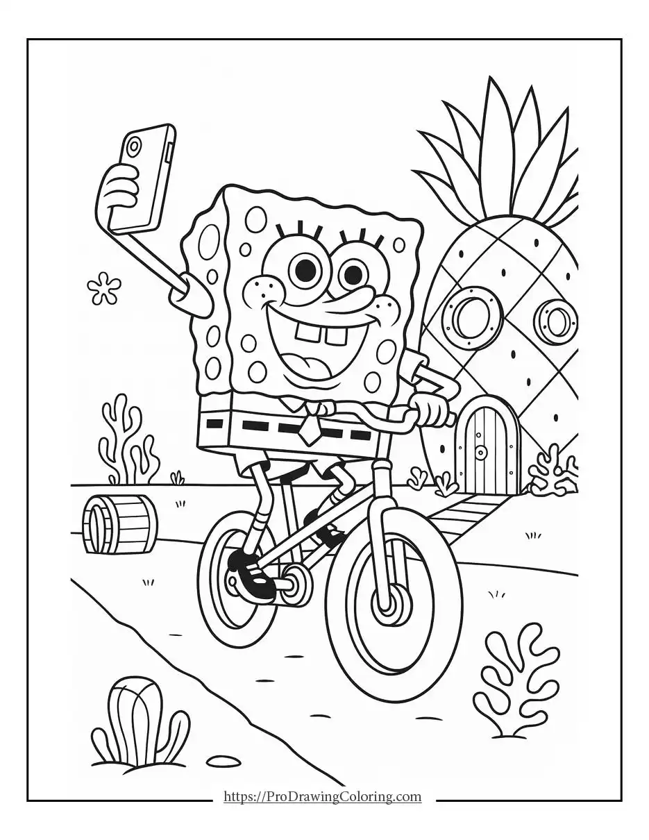 Free SpongeBob coloring pages showing SpongeBob riding a bike near his pineapple house
