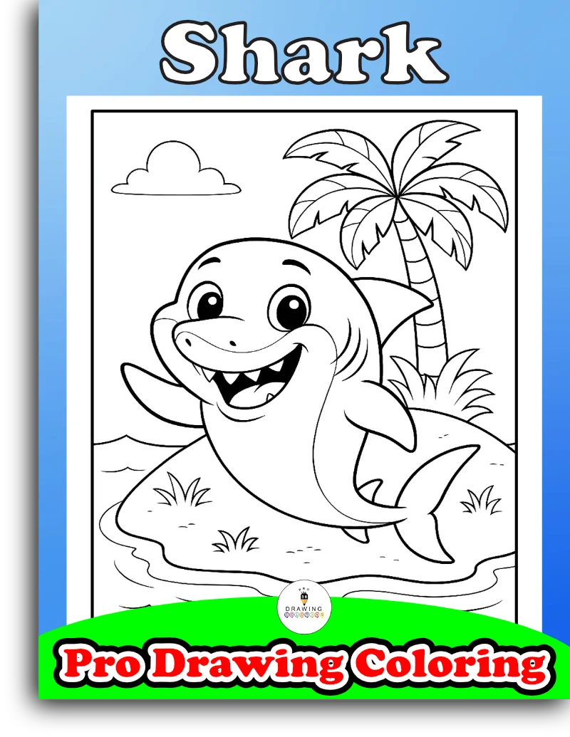 A happy shark swimming in the sea, these black and white coloring pages are easy and free for kids.