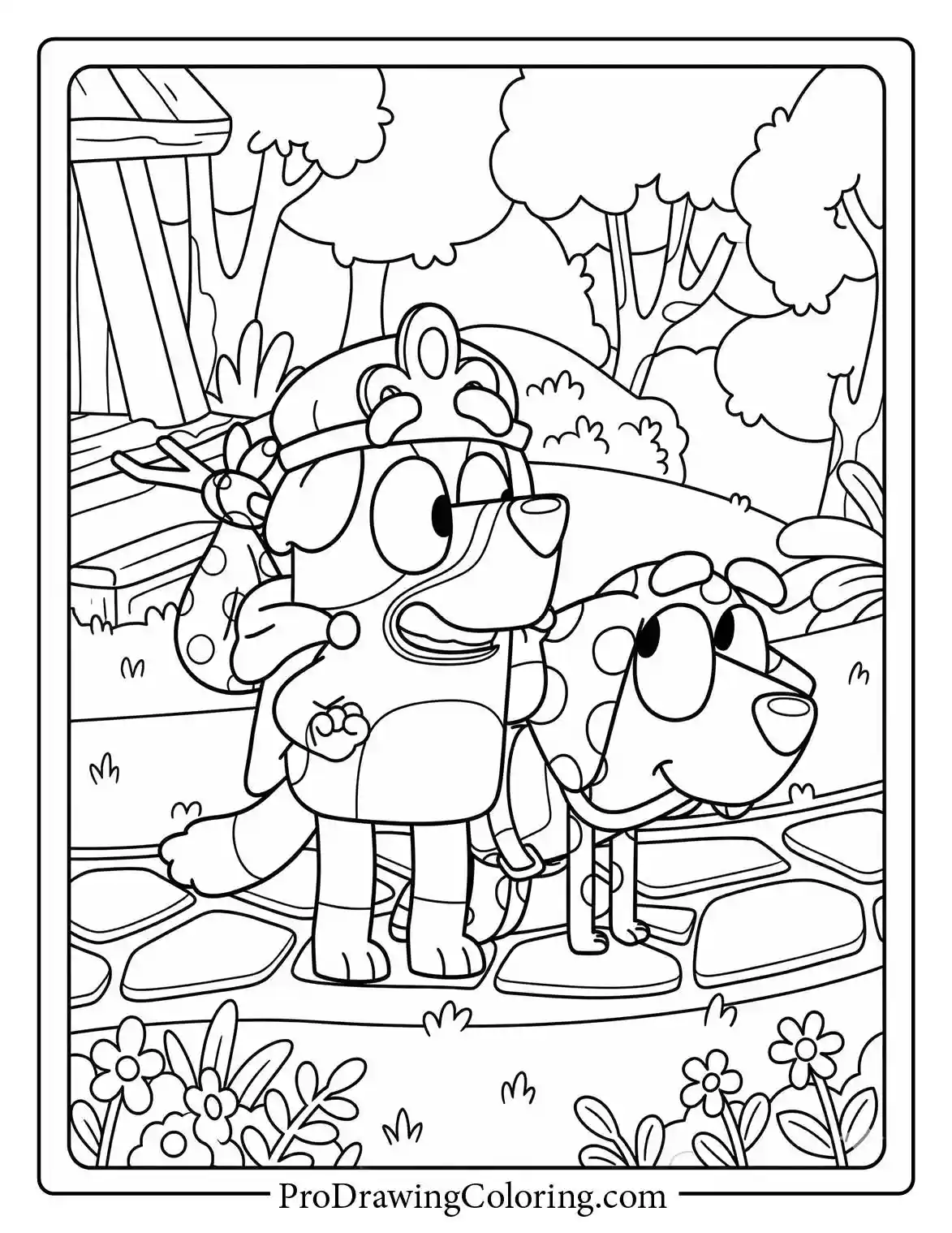 Two cute dog friends from Bluey happily exploring a garden path on this easy printable coloring sheet in black and white.