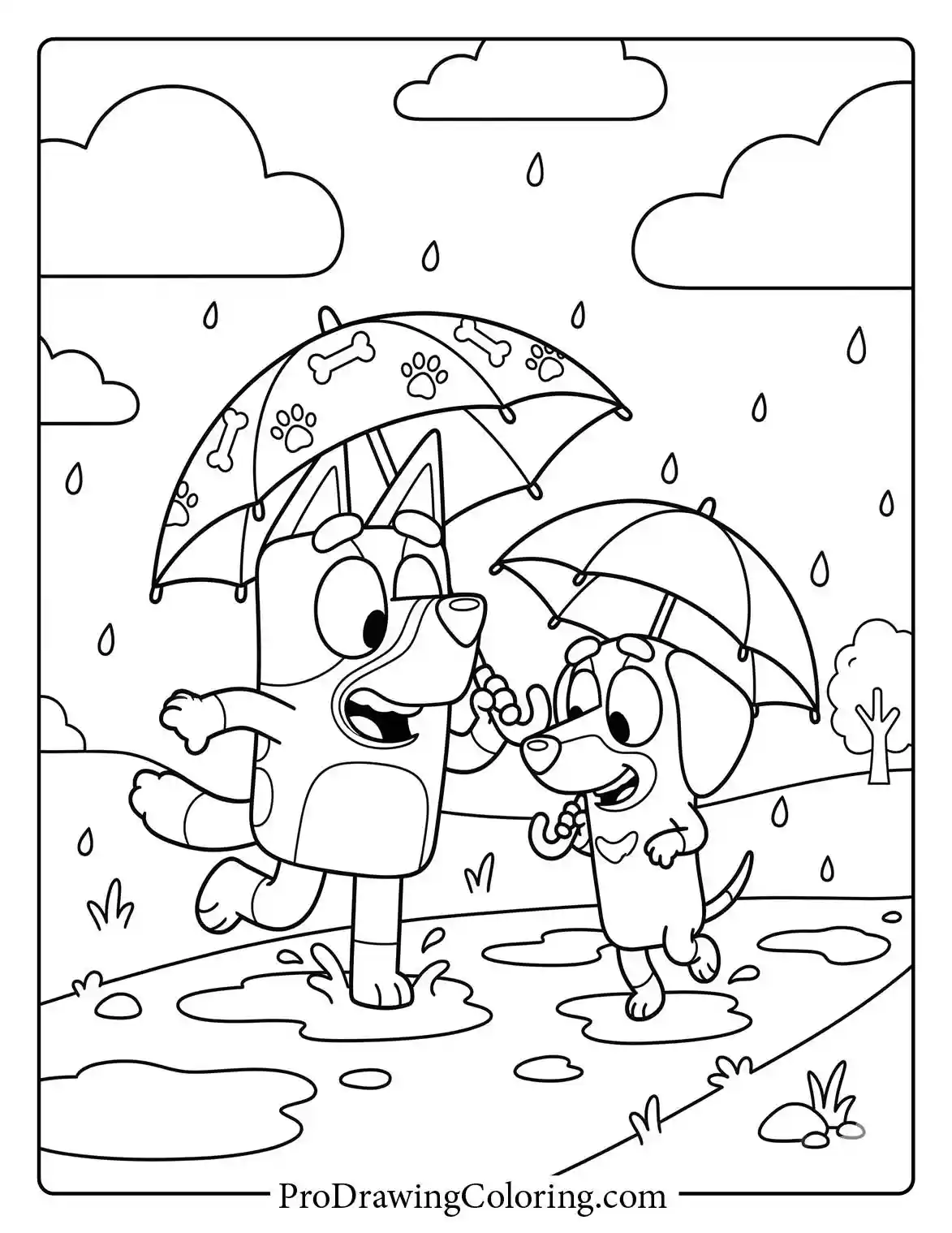 Simple coloring sheet of Bluey and her friend holding an umbrella and splashing in puddles from the bluey and friends coloring pages collection.