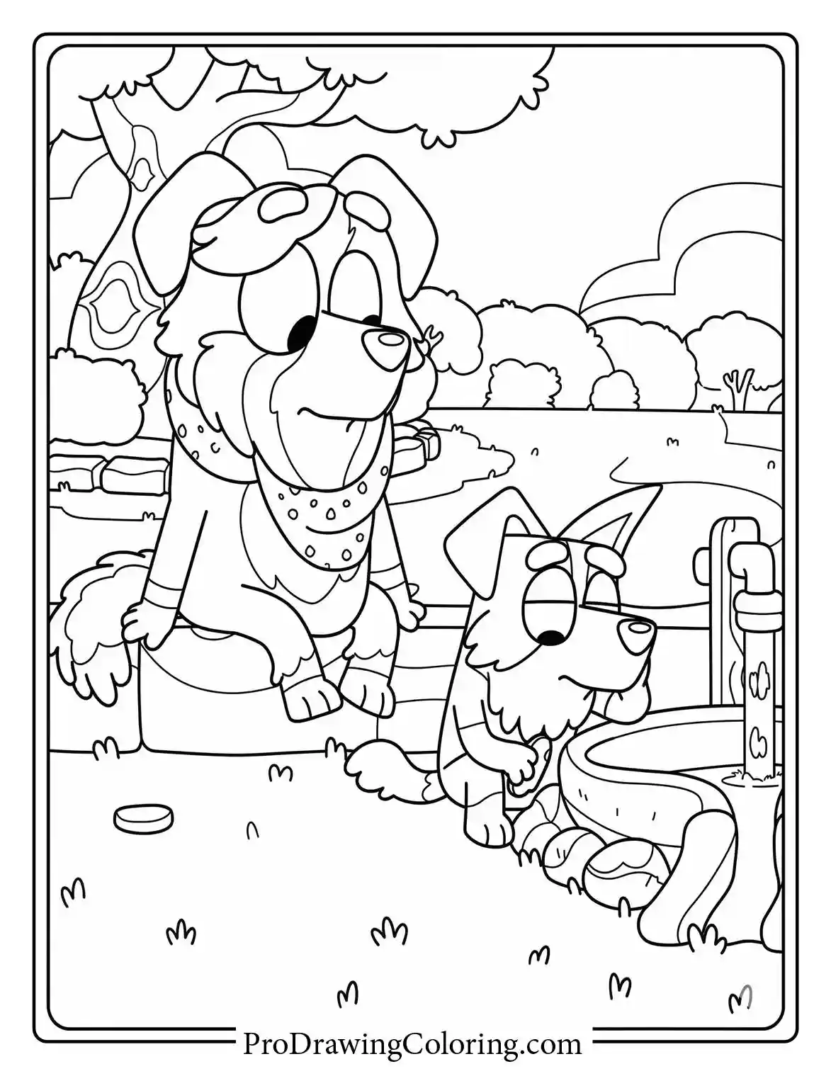 Bluey and her friend enjoying a peaceful moment outdoors in this easy black and white coloring page pdf download.
