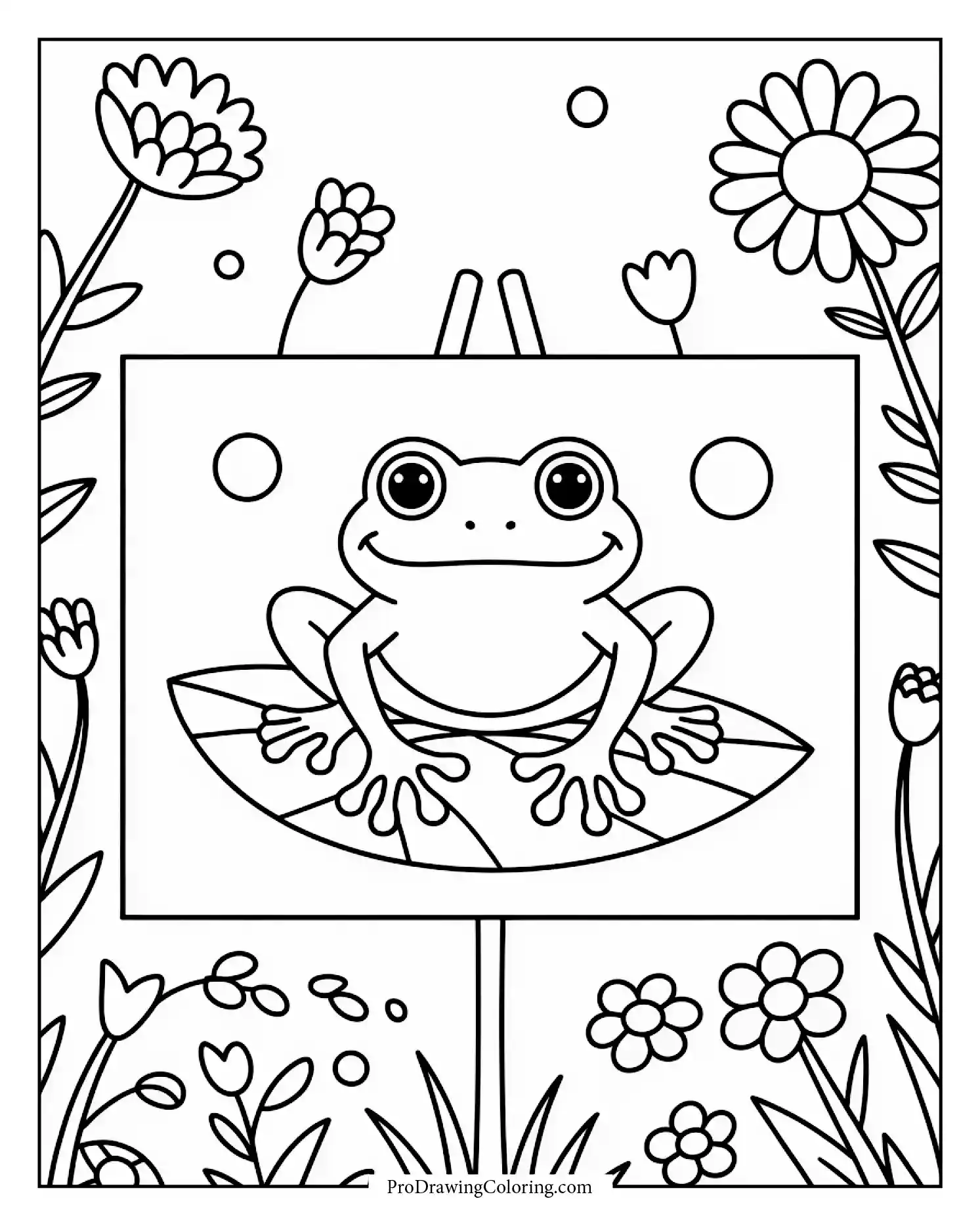 Cartoon frog painting with brush in a colorful meadow