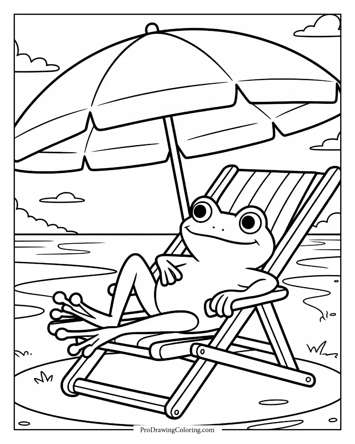 Cartoon frog chilling under umbrella wearing summer hat