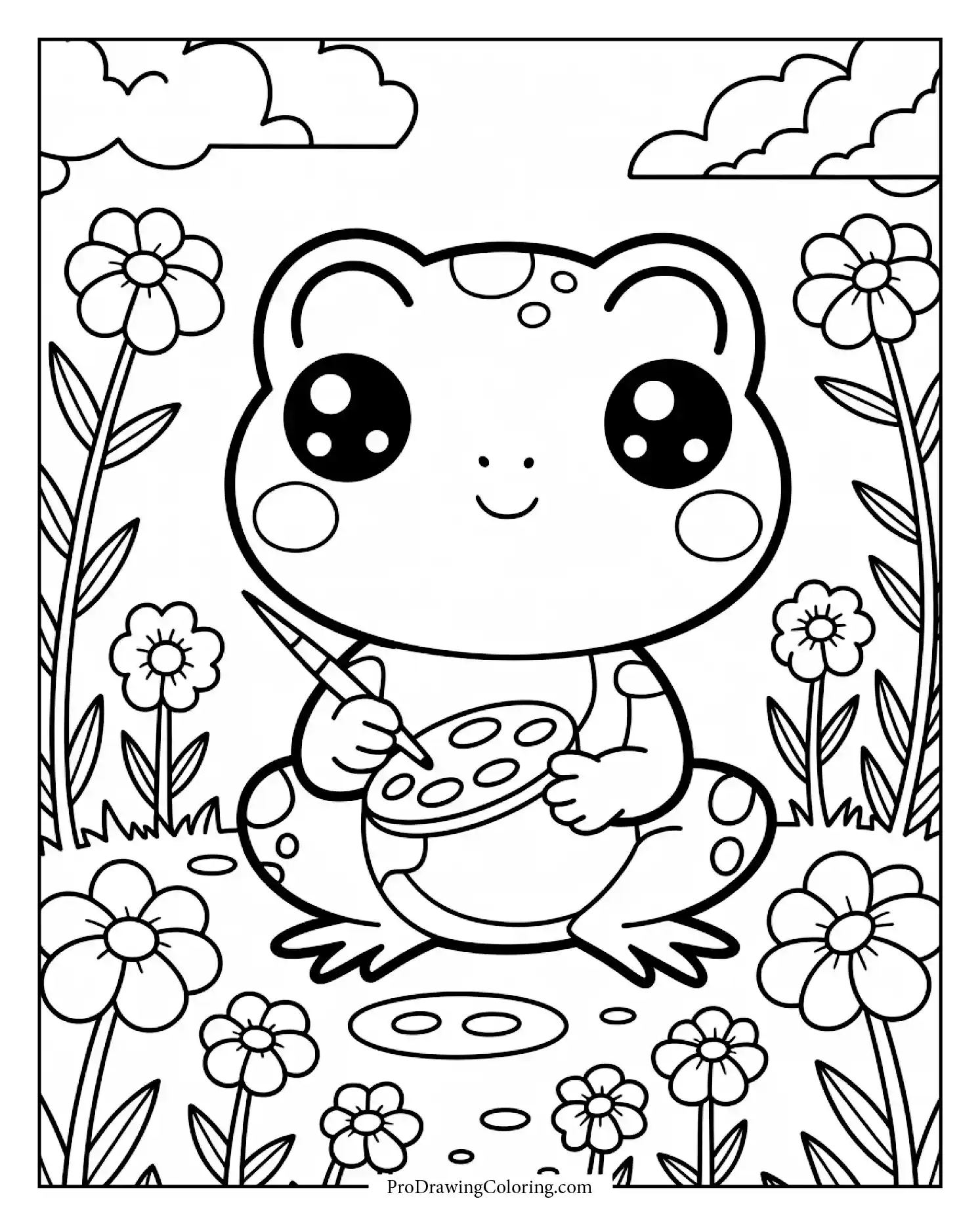 Sweet frog painting garden flowers in a cute cartoon scene for kids coloring sheet
