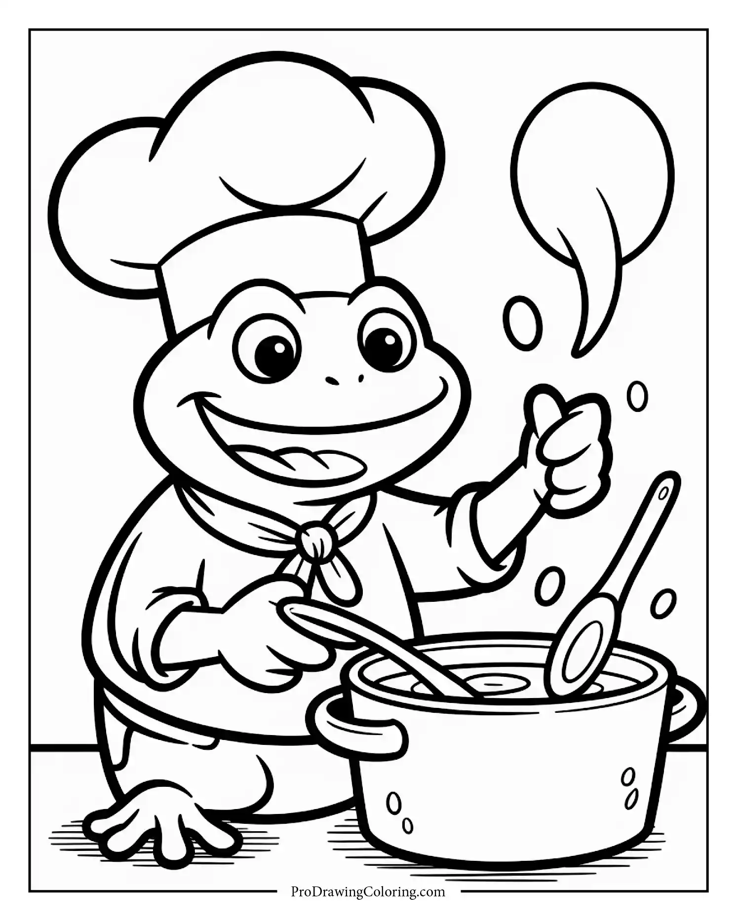 Funny frog cooking soup in a pot, perfect printable coloring page