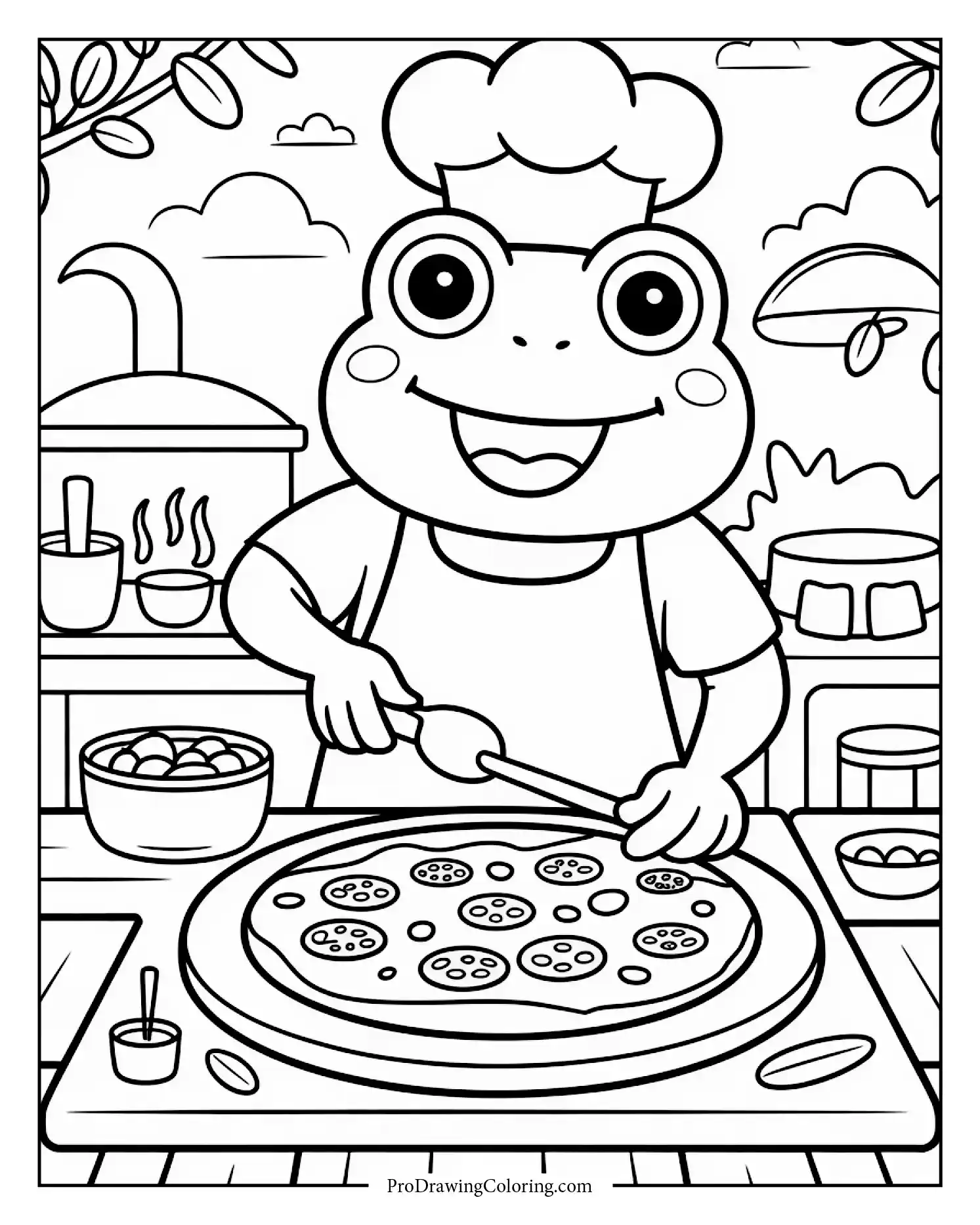 Funny frog chef cooking pizza on outdoor oven,  printable coloring page