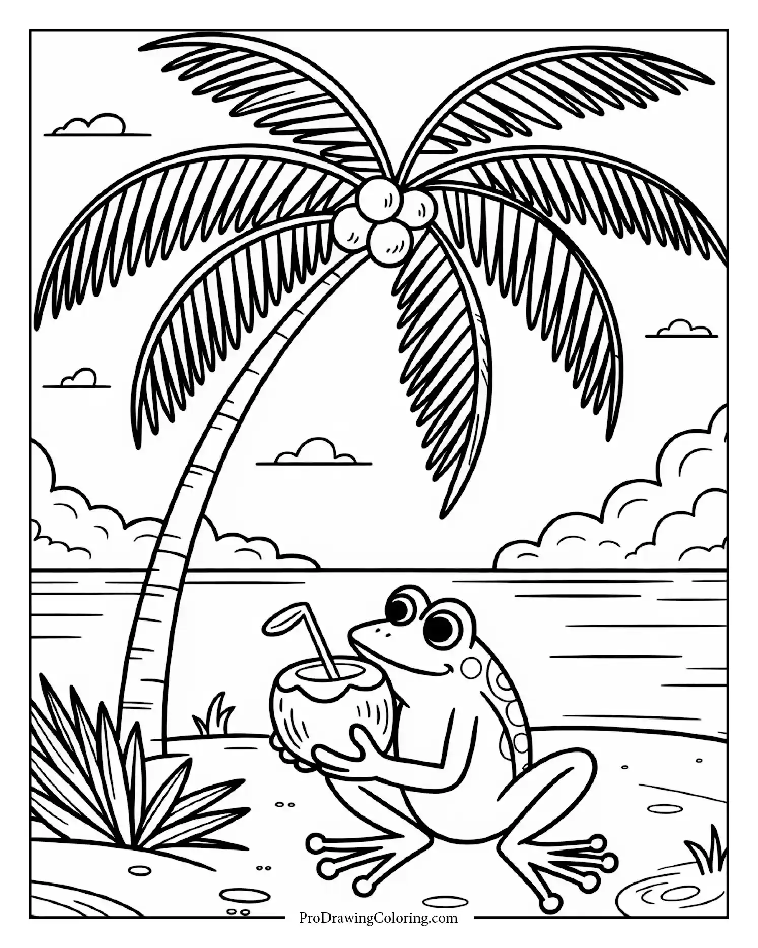 Happy frog drinking coconut on sunny beach