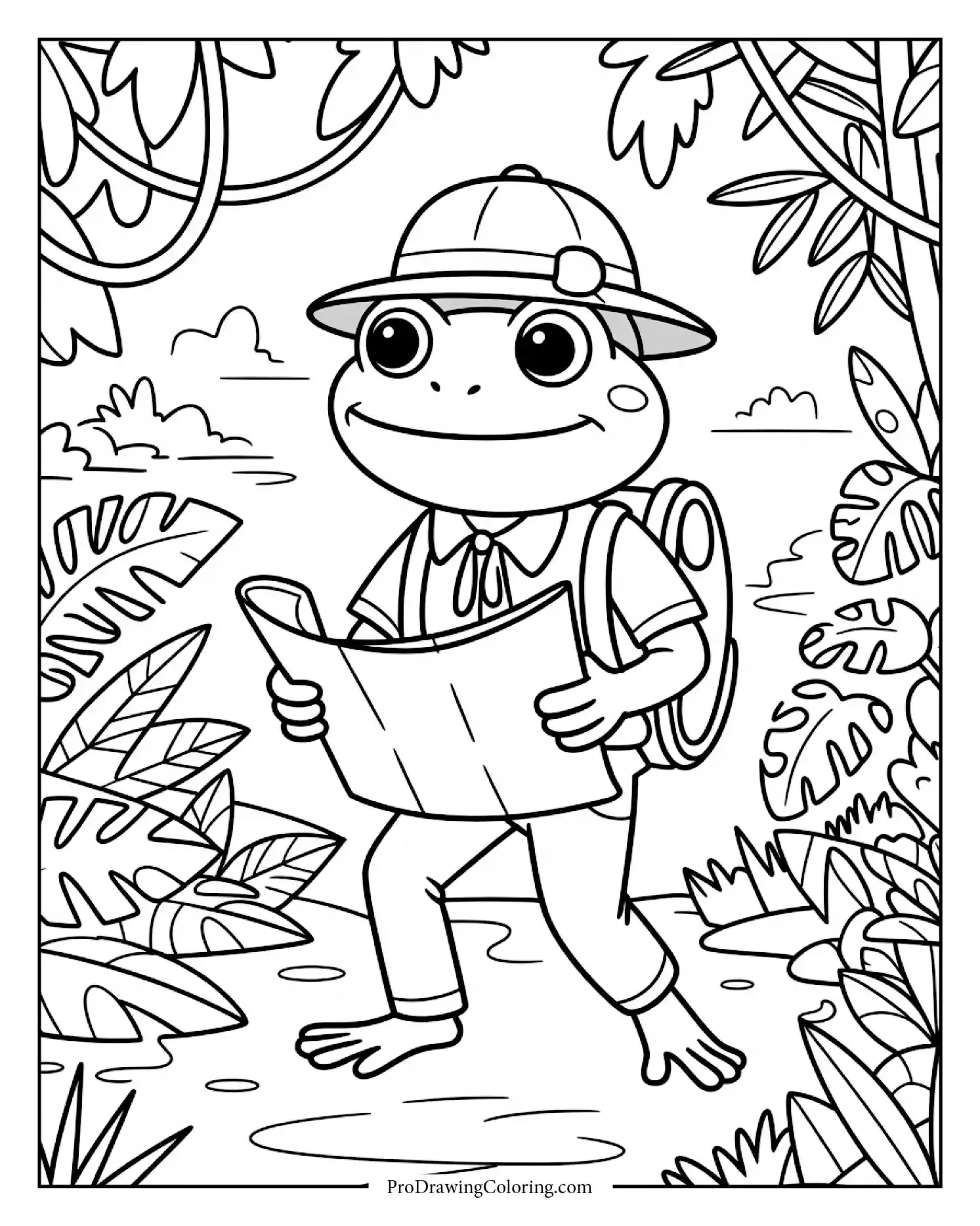 Brave frog exploring jungle with map and backpack,  fun coloring page for kids