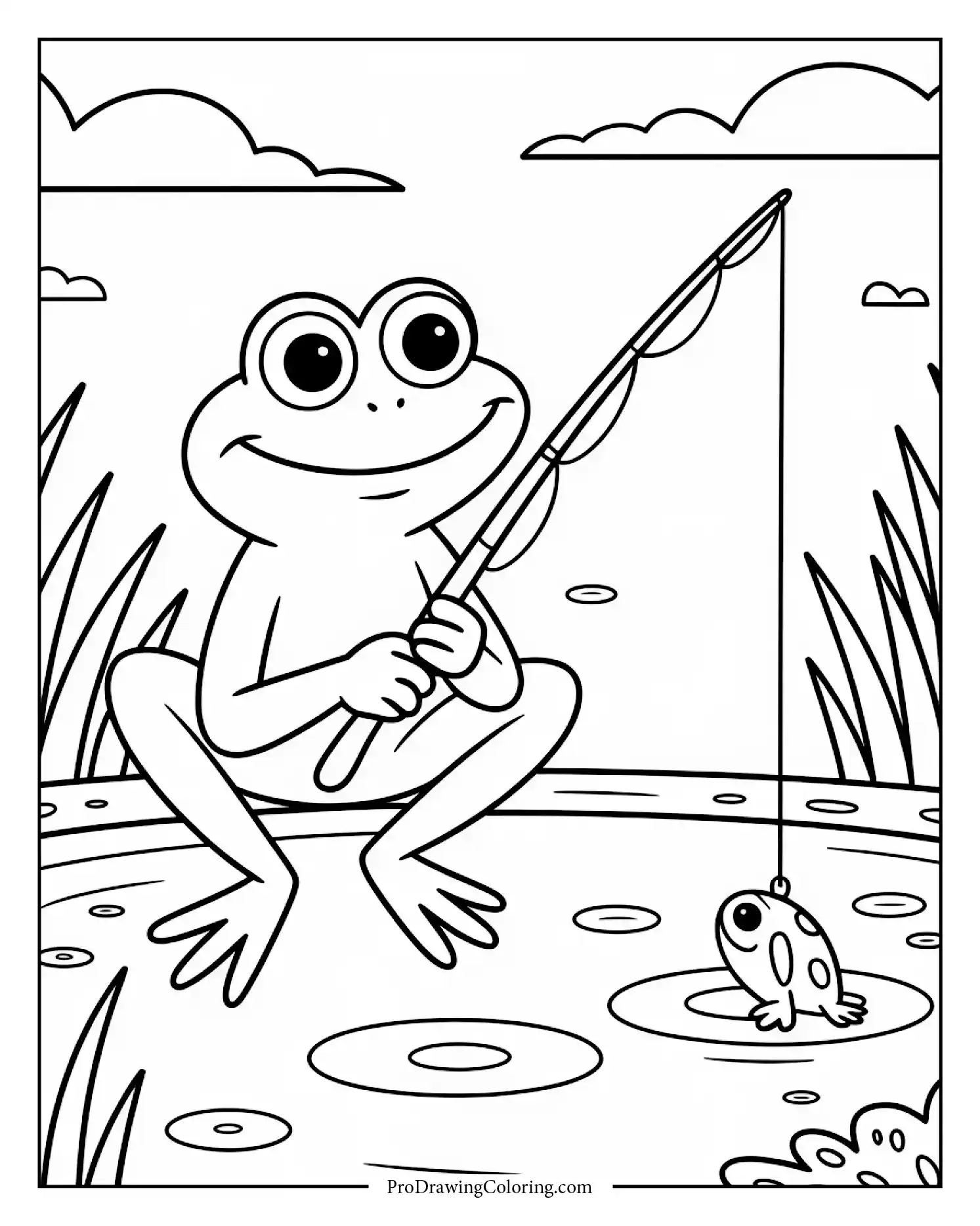 Happy frog catching fish with fishing rod,  cute frog coloring page