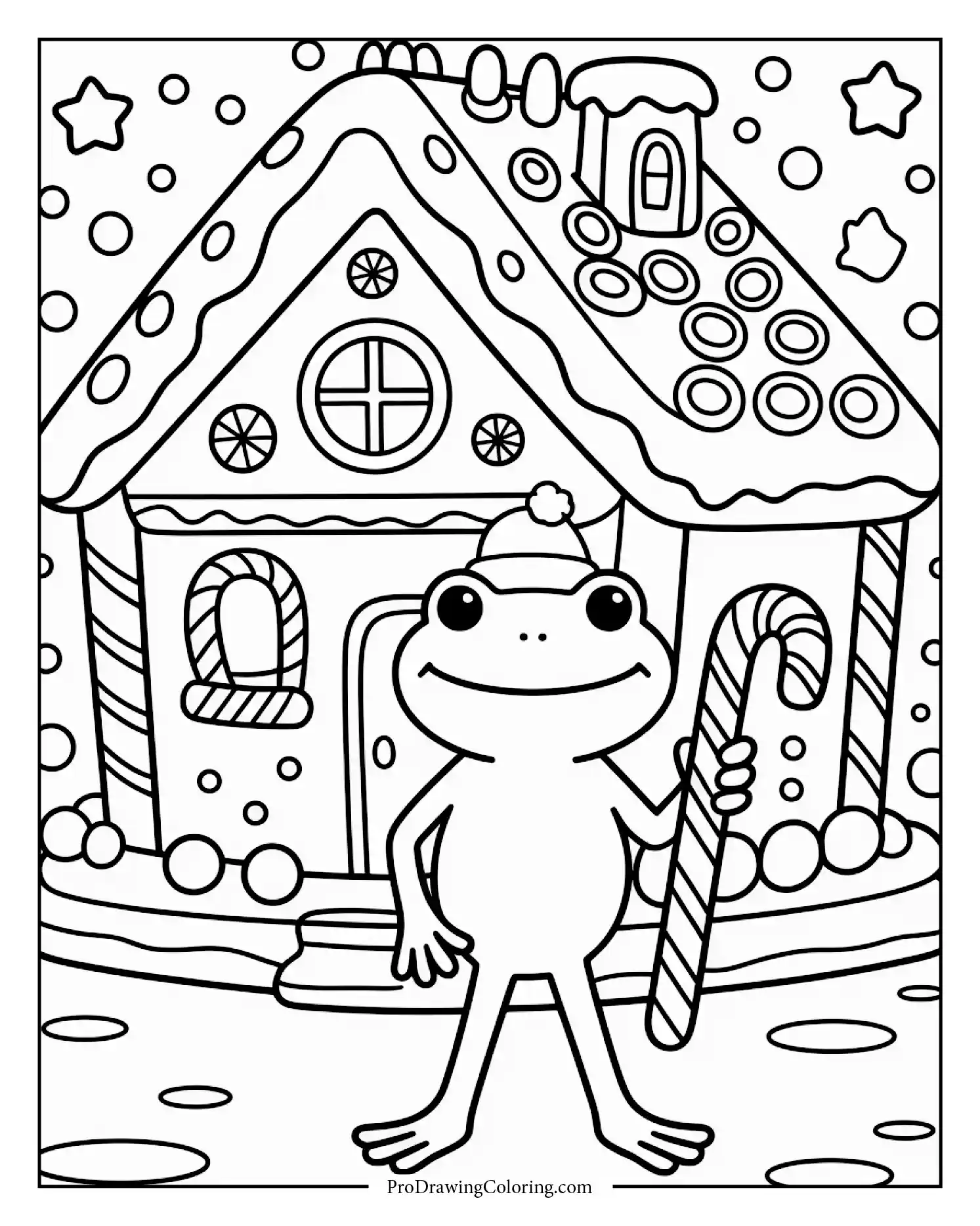 Cartoon frog admiring decorated gingerbread house