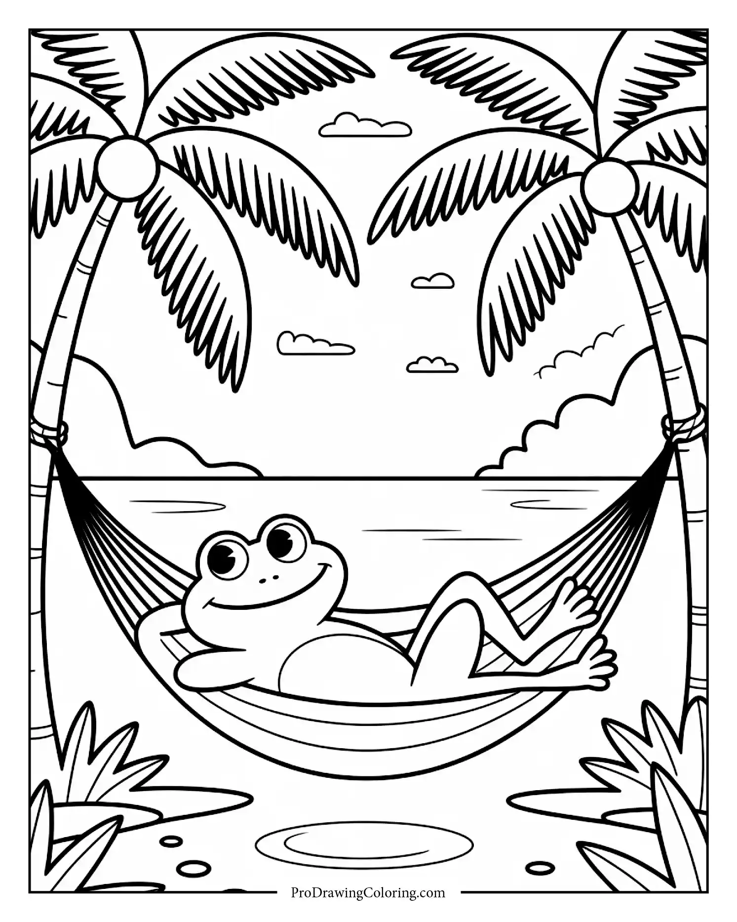 Frog relaxing in hammock under palm trees by the beach