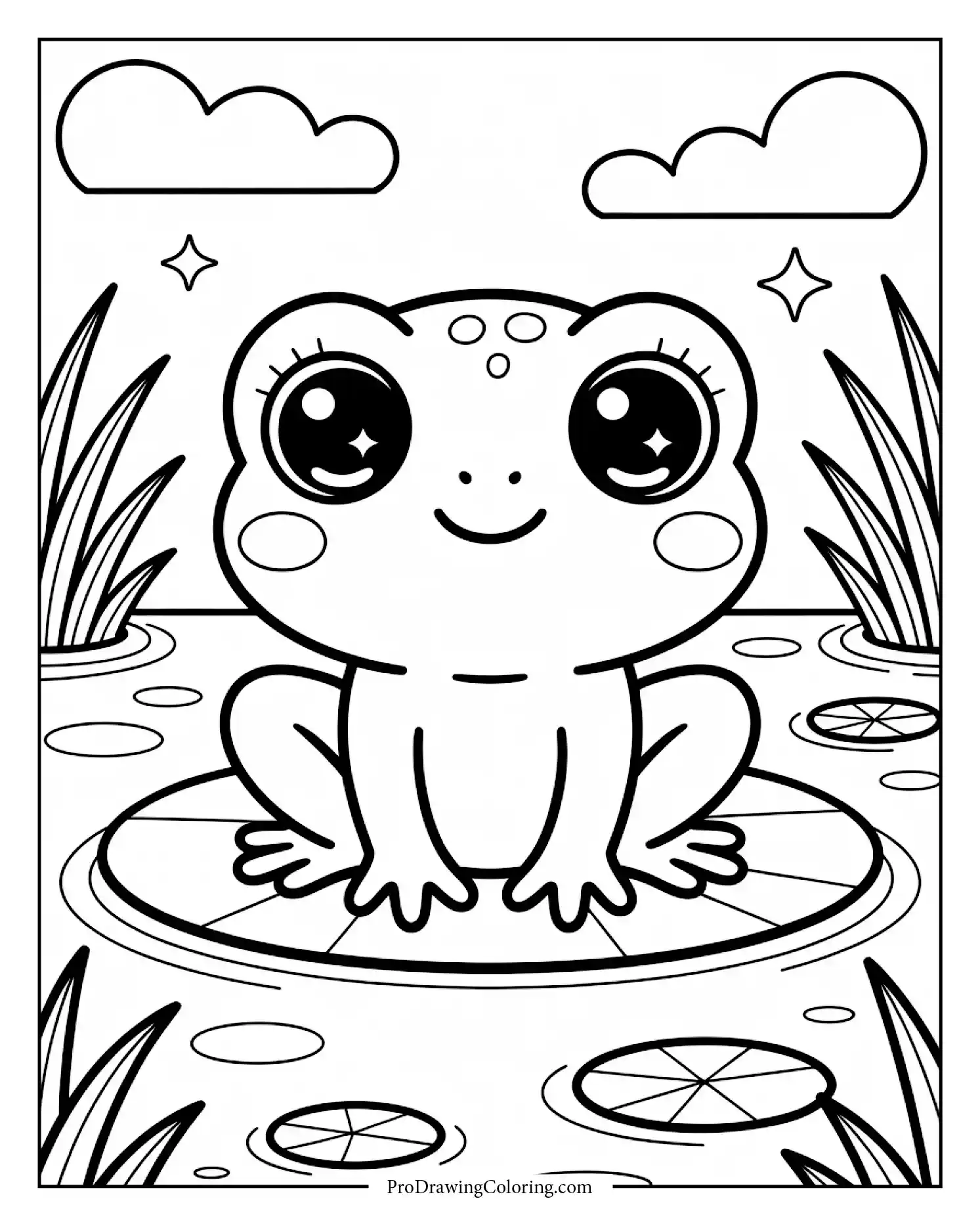 Adorable chibi frog with sparkle eyes sitting on a lily pad in a calm pond Frog Coloring Page