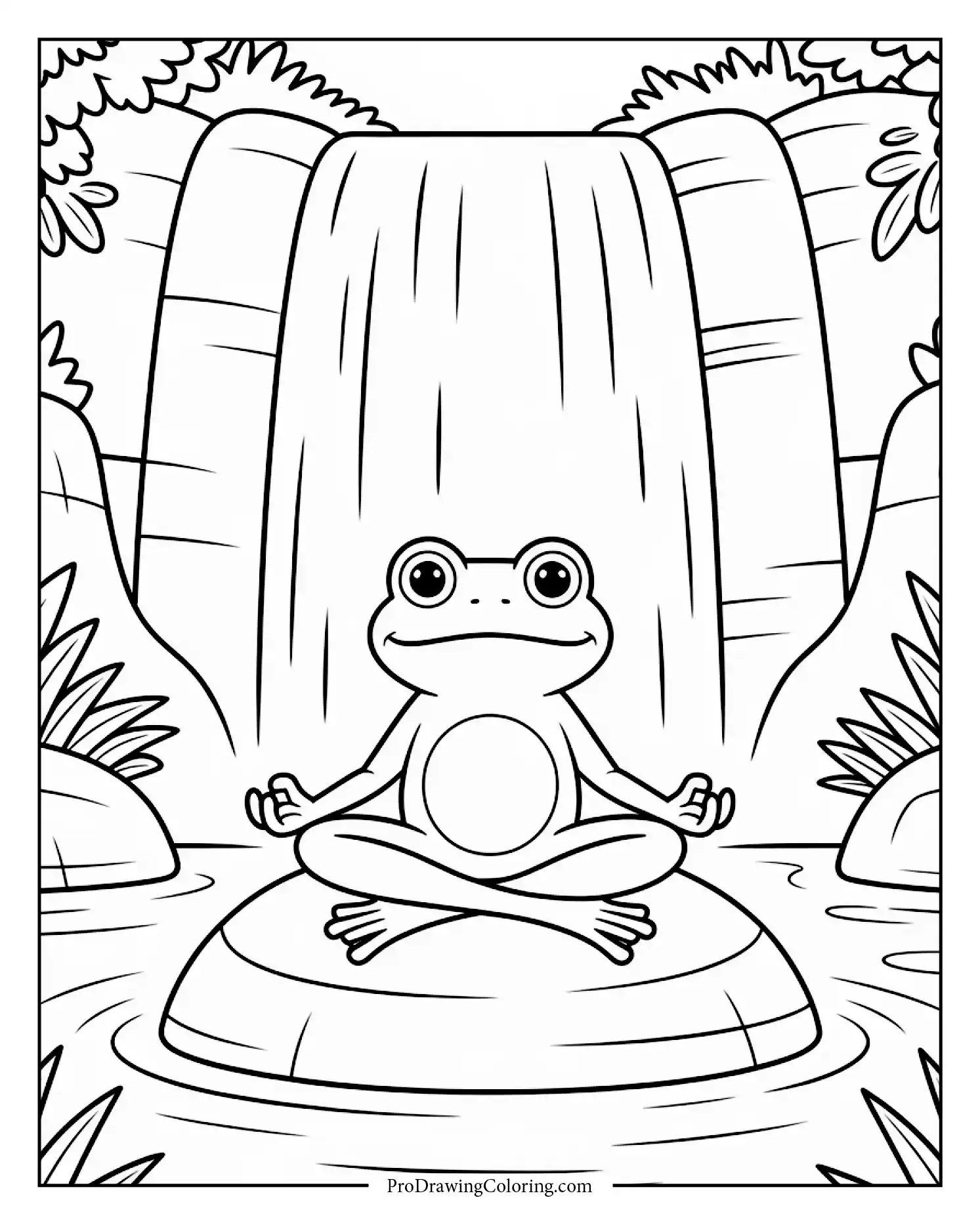 Peaceful frog meditating on rock by flowing waterfall,  relaxing adult coloring page