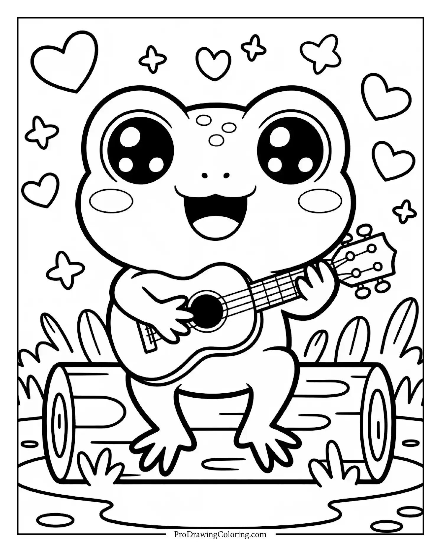 Cute frog playing ukulele on a wooden log,  adorable frog coloring page