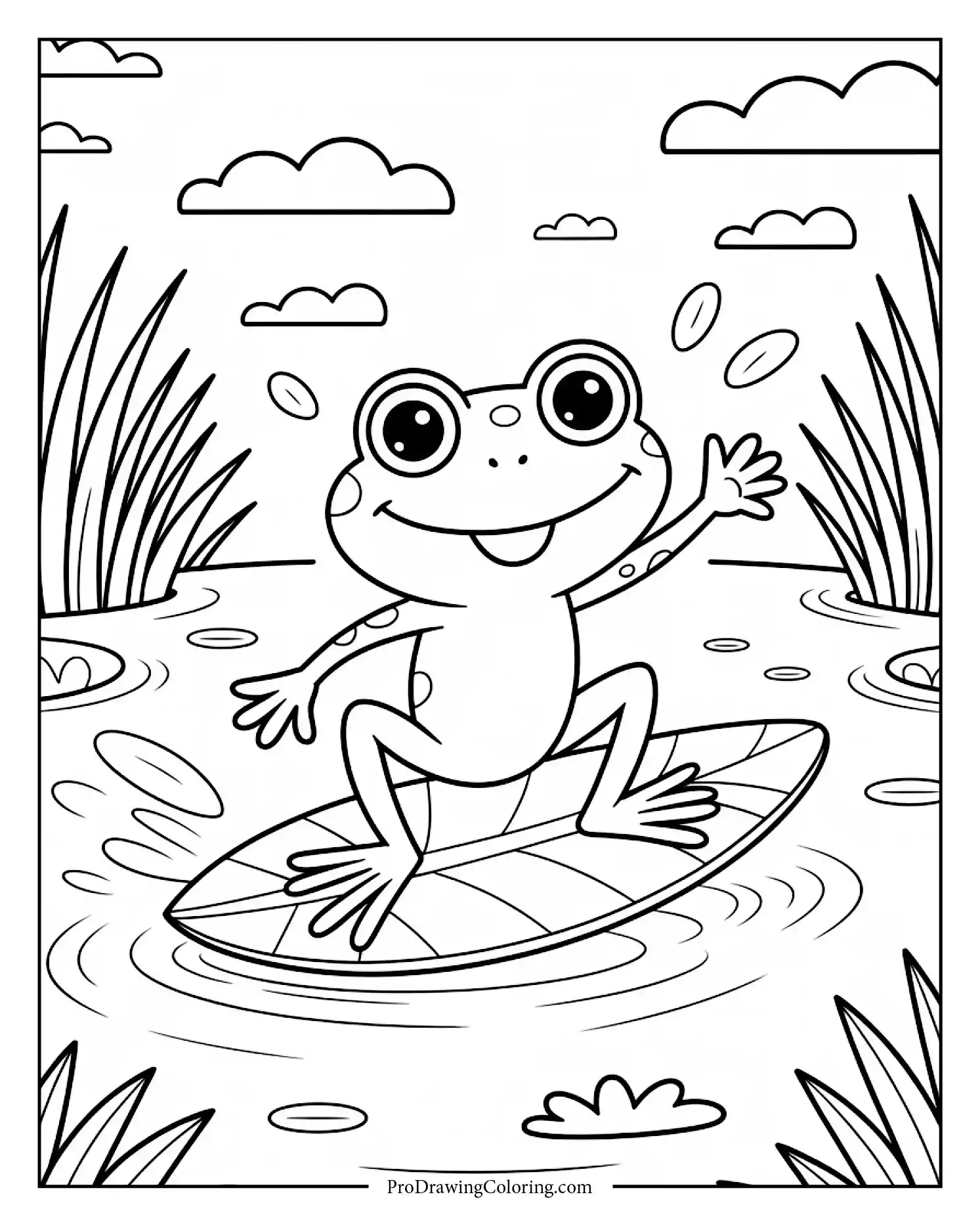 Funny frog surfing on leaf as water splashes,  cute kids coloring sheet