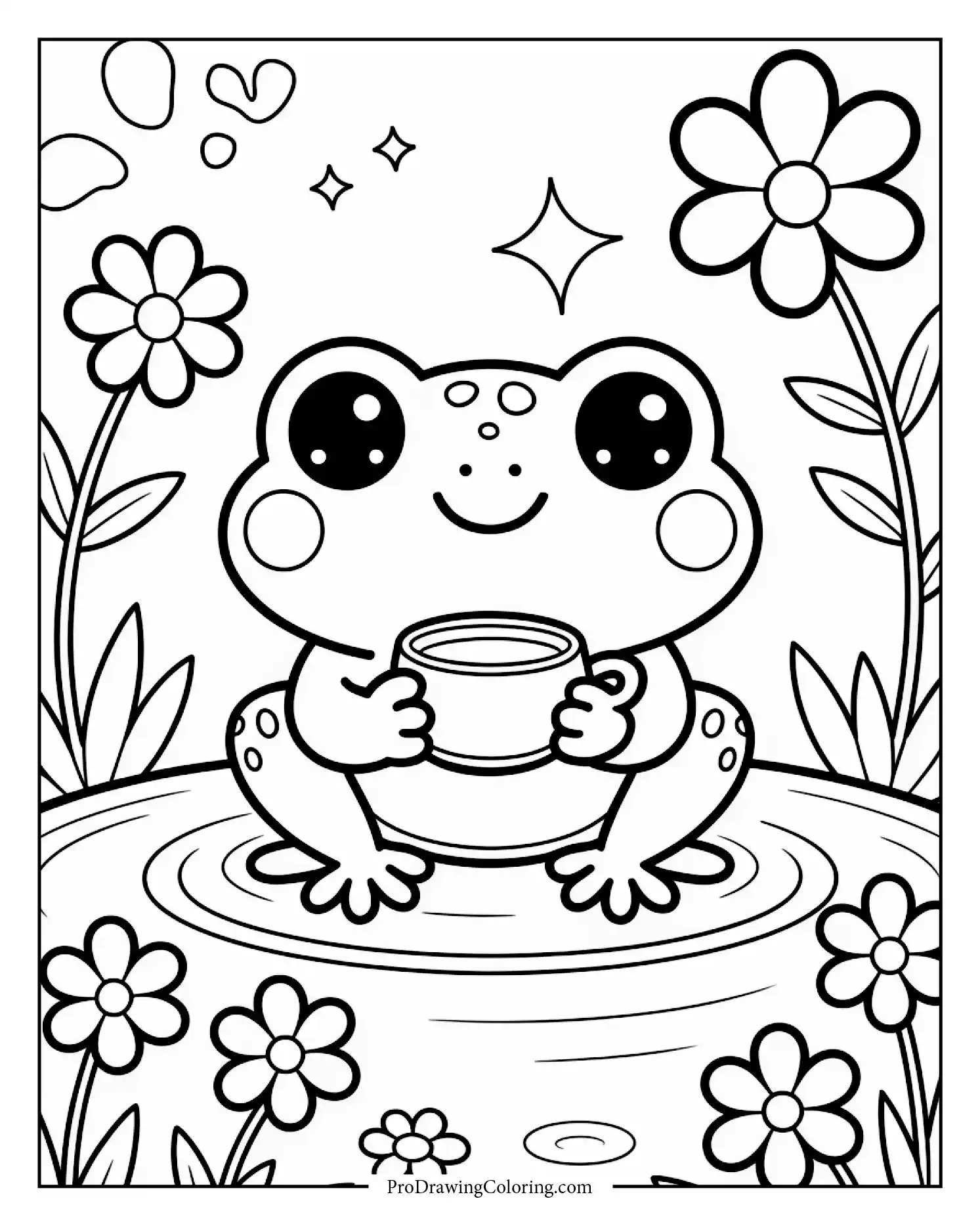 Cute frog enjoying tea by a pond,  perfect printable sheet for kids
