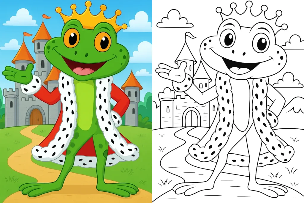 frog coloring pages – cute cartoon frog king wearing a golden crown and red royal robe standing in a castle garden with blue sky and flowers; left side fully colored fairytale scene, right side identical black-and-white frog coloring page for kids