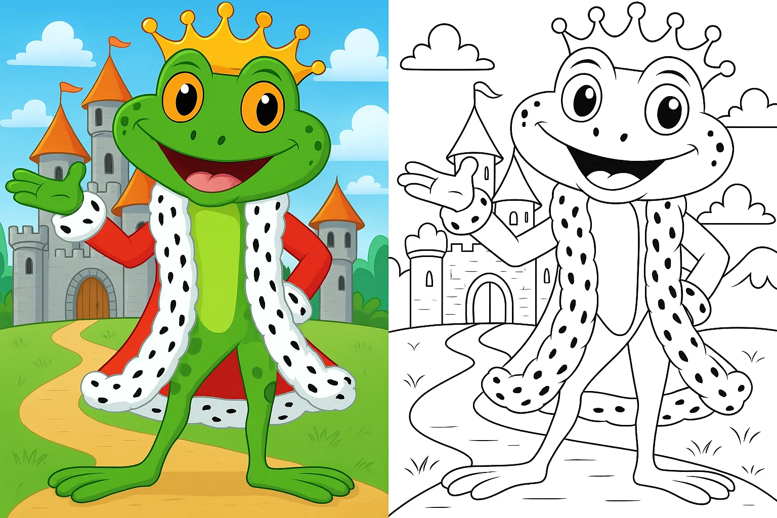 frog coloring pages – cute cartoon frog king wearing a golden crown and red royal robe standing in a castle garden with blue sky and flowers; left side fully colored fairytale scene, right side identical black-and-white frog coloring page for kids