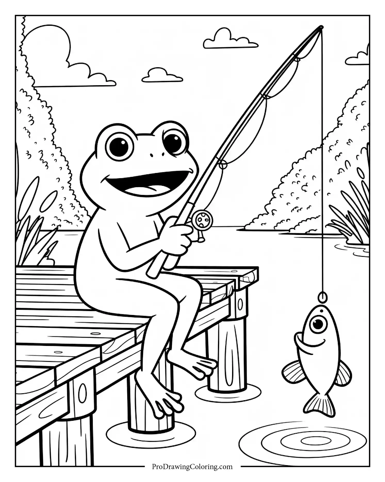 frog coloring sheet fishing caught fish,  smiling frog character line art to color