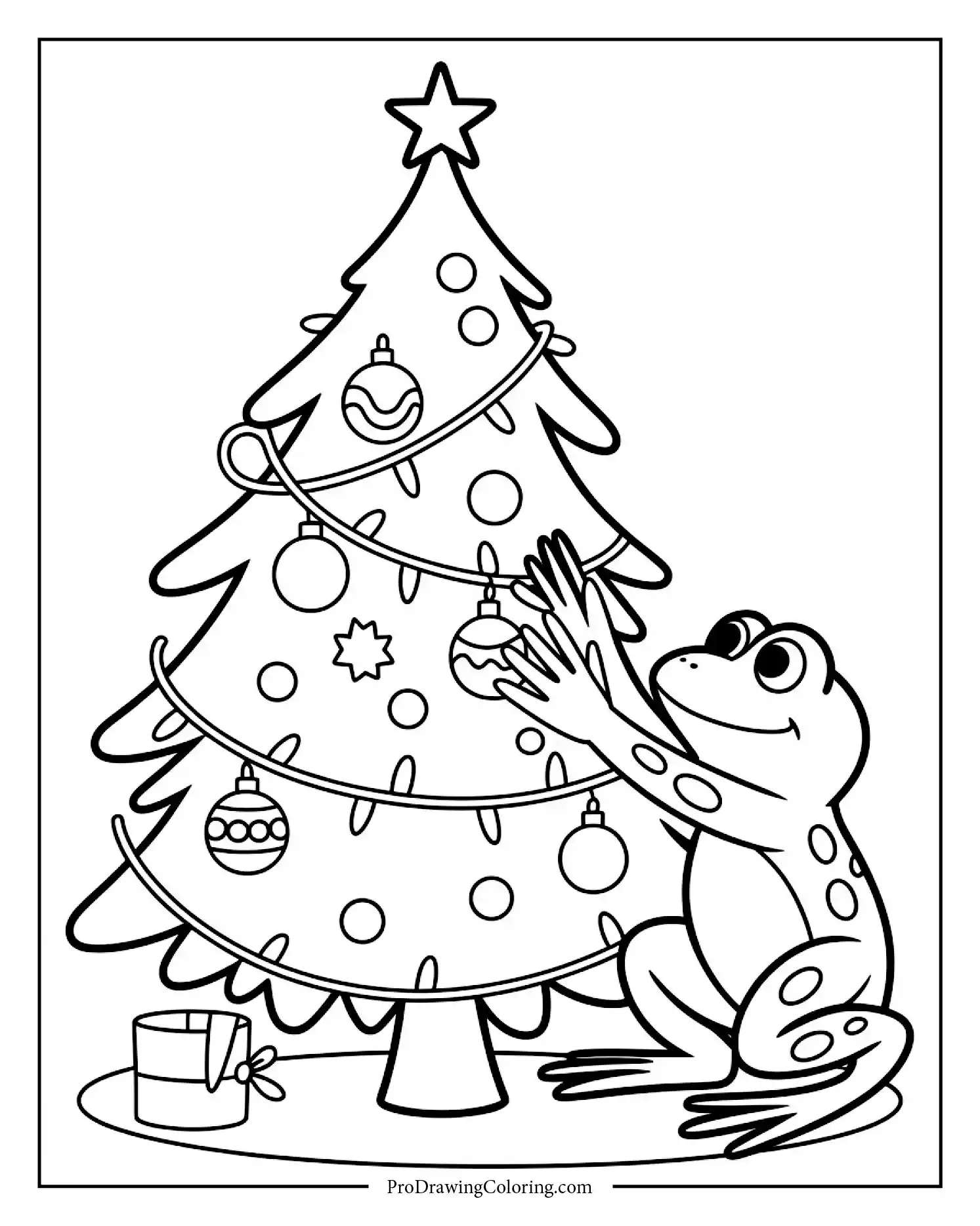Joyful frog adding ornaments to Christmas tree
