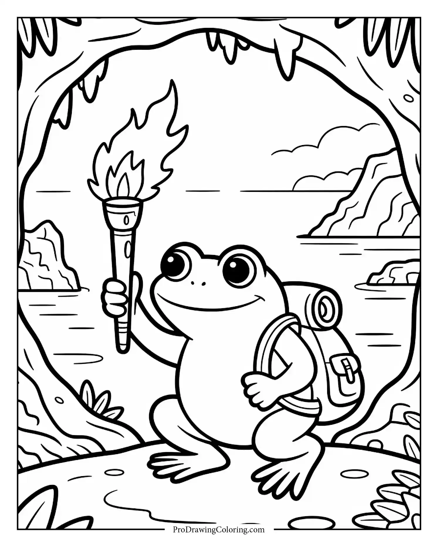 Adventurous frog discovering glowing cave on tropical island