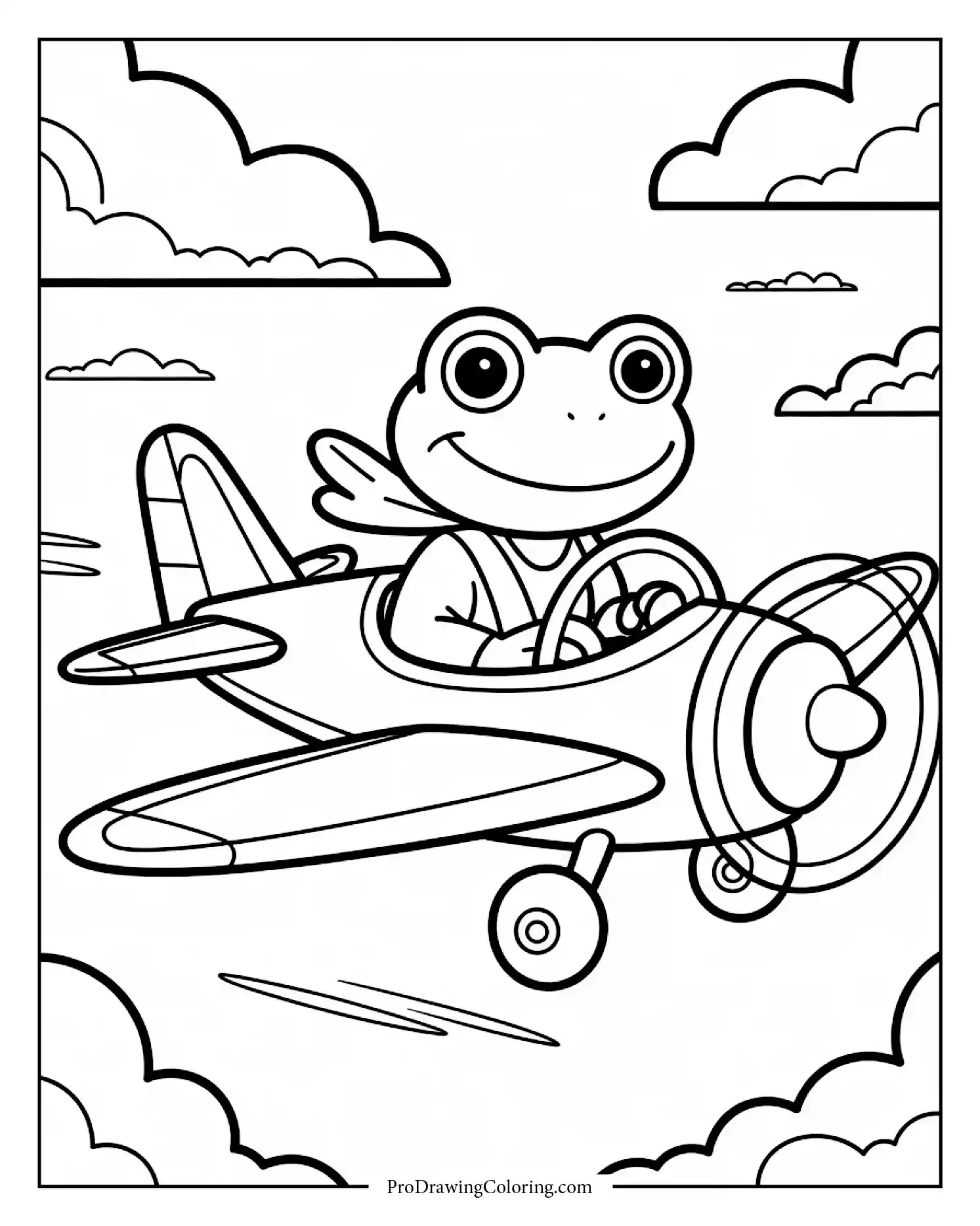 Cartoon frog flying tiny plane over fluffy clouds