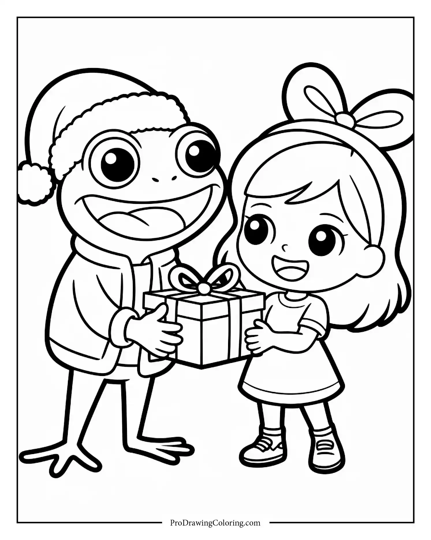 Friendly frog Santa handing gifts to cute chibi girl