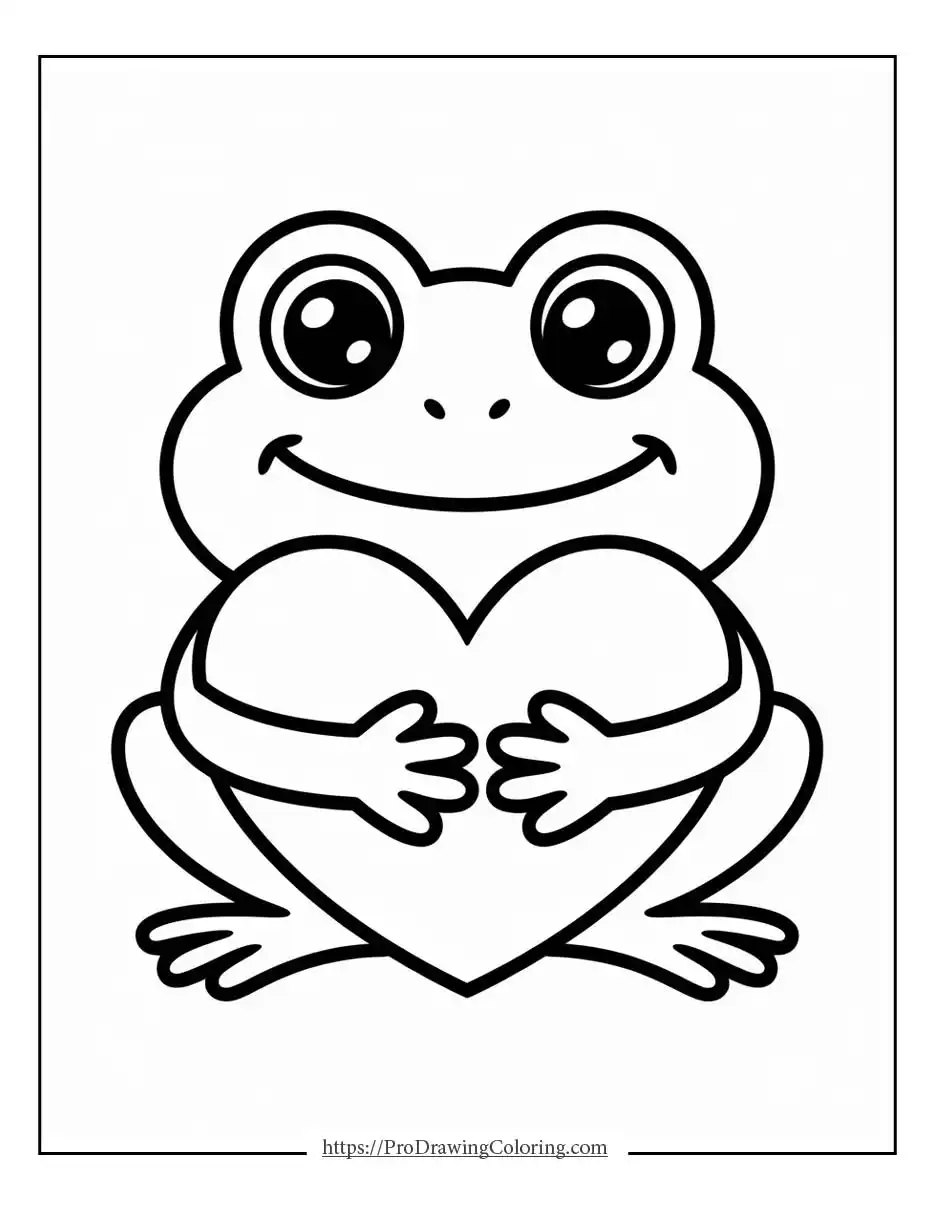 Smiling frog sitting and hugging a large heart with a friendly cartoon look