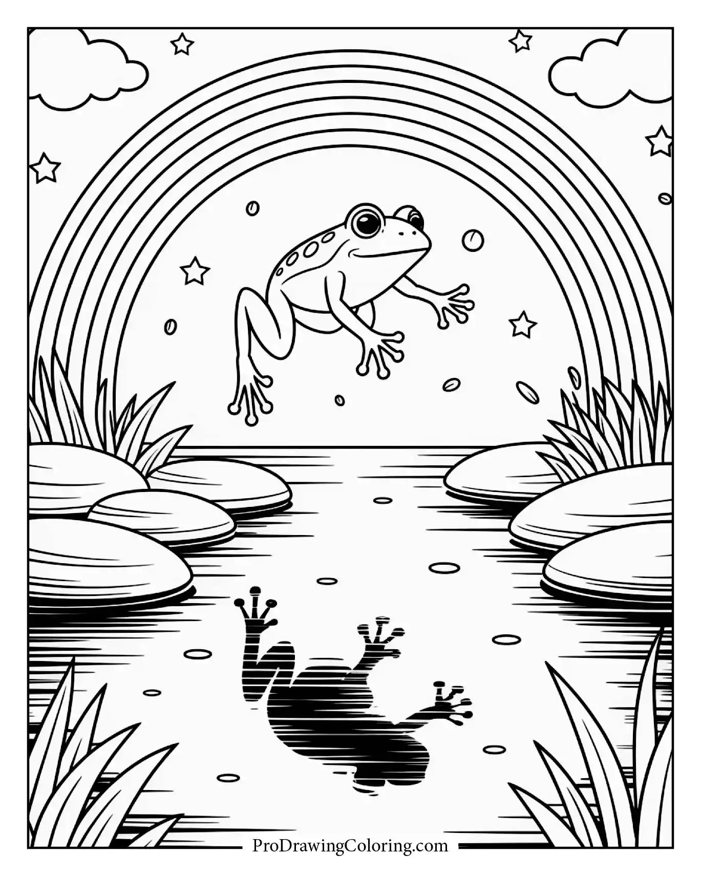 A frog jumping across river stones as rainbow colors shimmer in the water