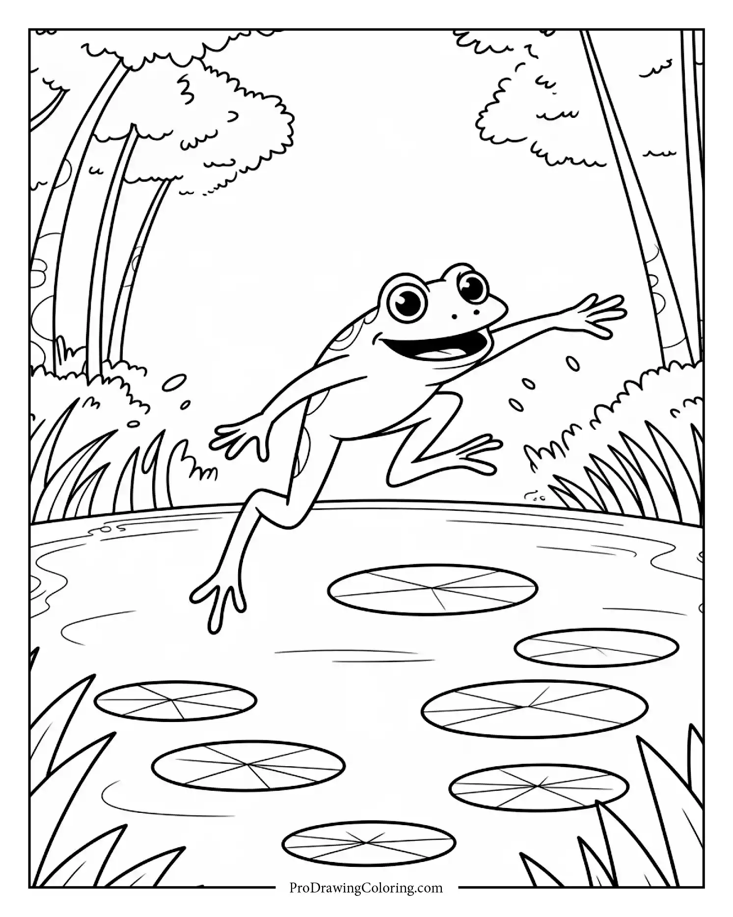 Energetic cartoon frog leaping across lily pads