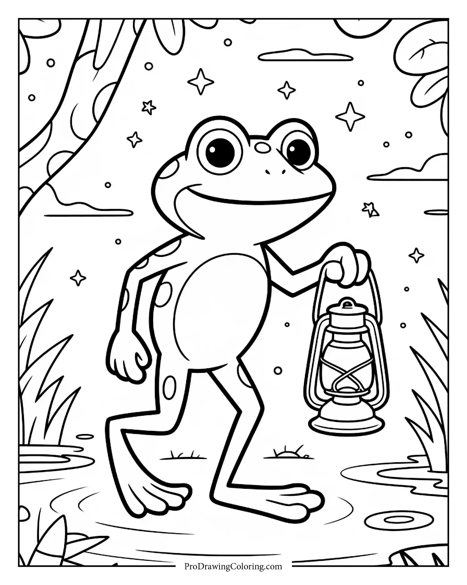 Frog walking under stars holding glowing lantern near swamp