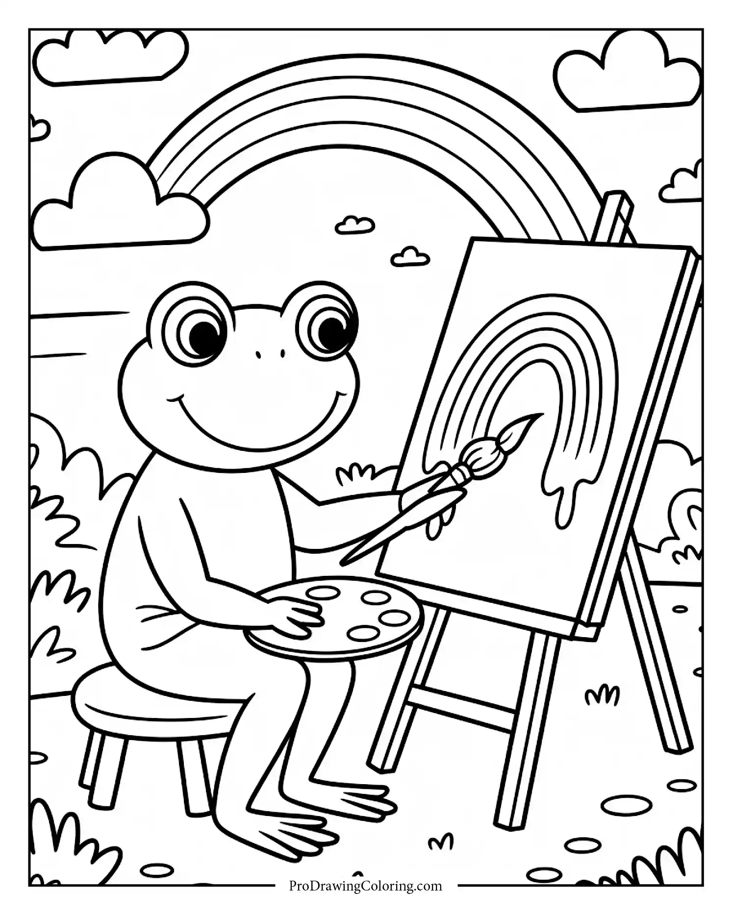 Happy frog painting bright rainbow in open sky
