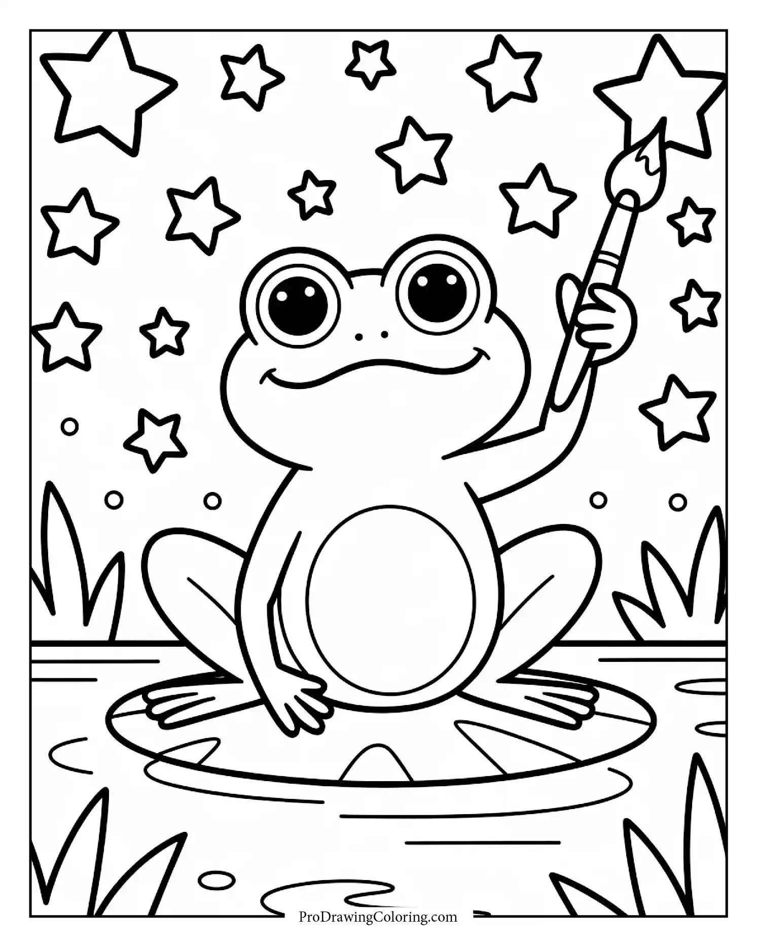 Imaginative frog painting stars while floating on lily pad