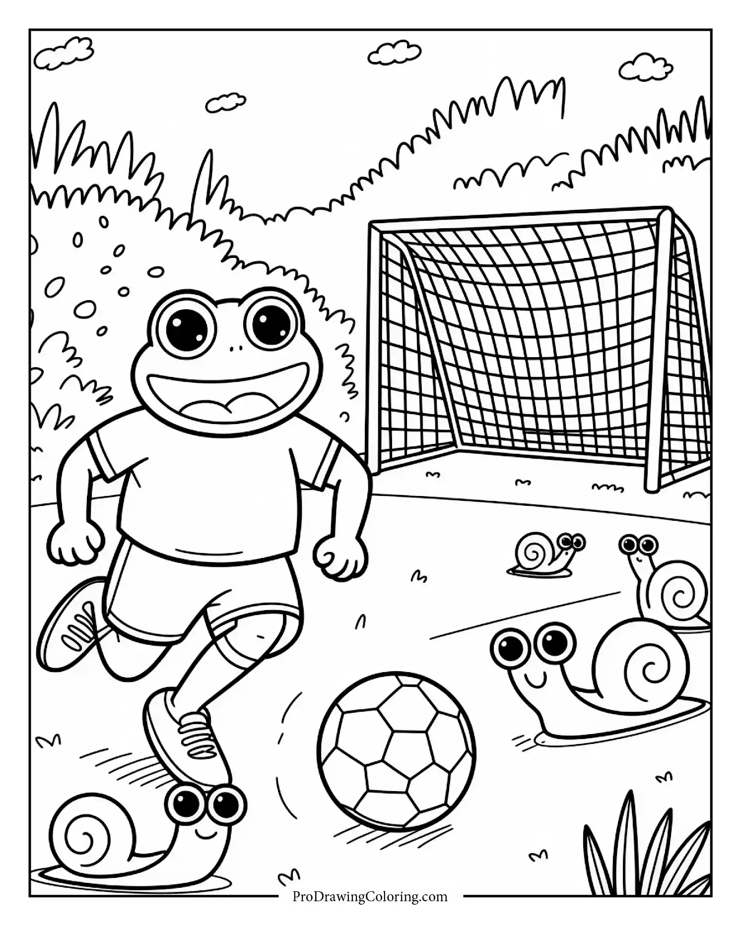 Silly frog kicking ball with snail teammates in meadow