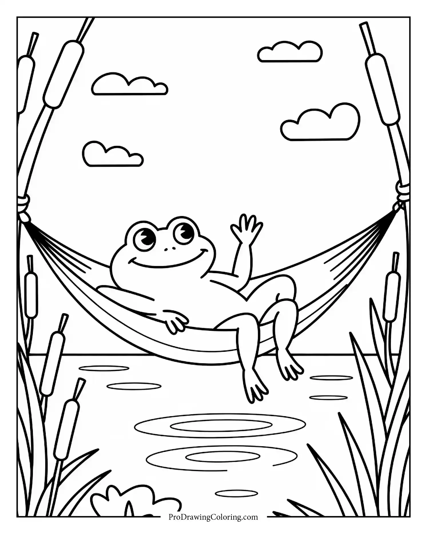 Calm frog resting between reeds with breeze in background