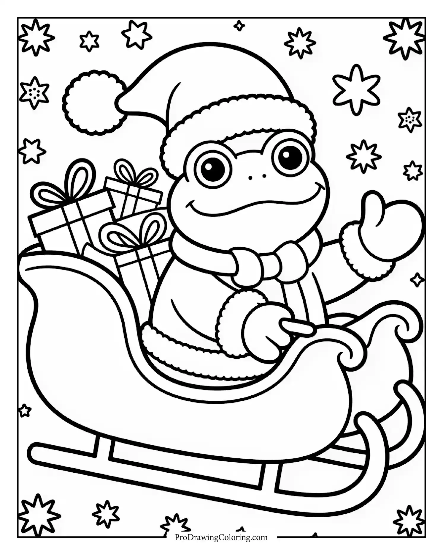 Frog Santa Claus riding sleigh full of gifts in snowy night