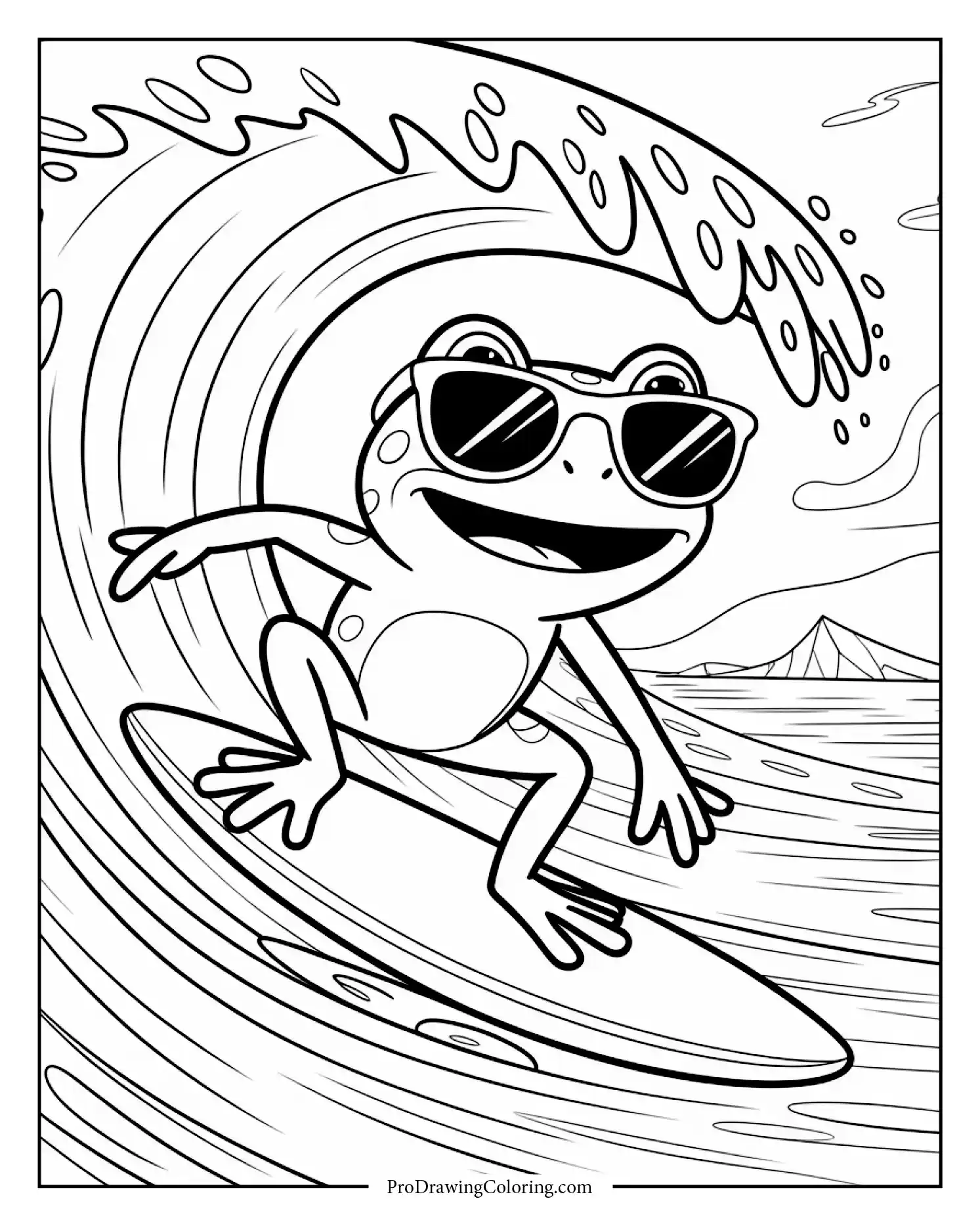Cool frog balancing on surfboard on sunny beach