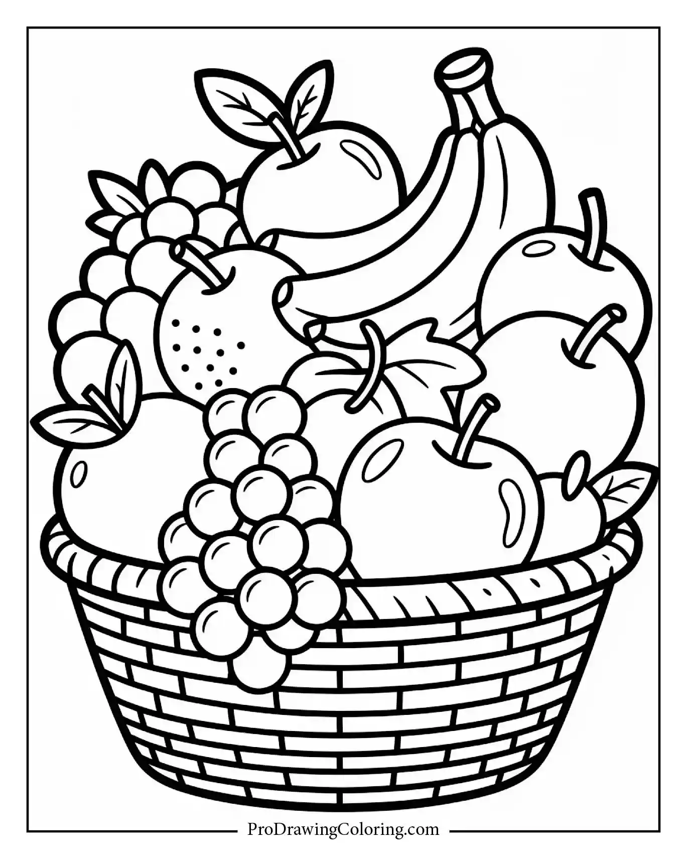 Healthy fruit basket food coloring page with apples and grapes