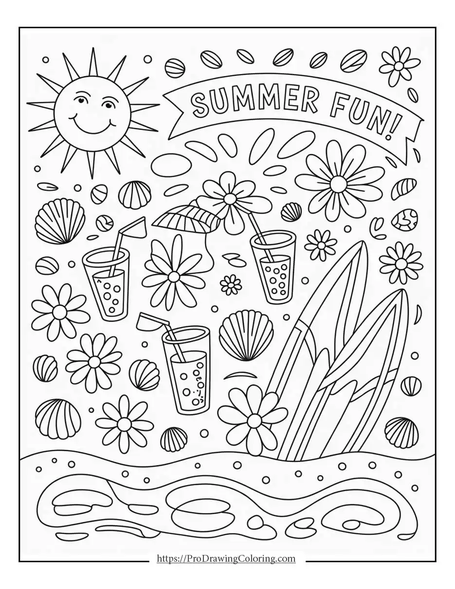 Playful summer scene with sun, flowers, shells, drinks, and surfboards creating a joyful beach atmosphere