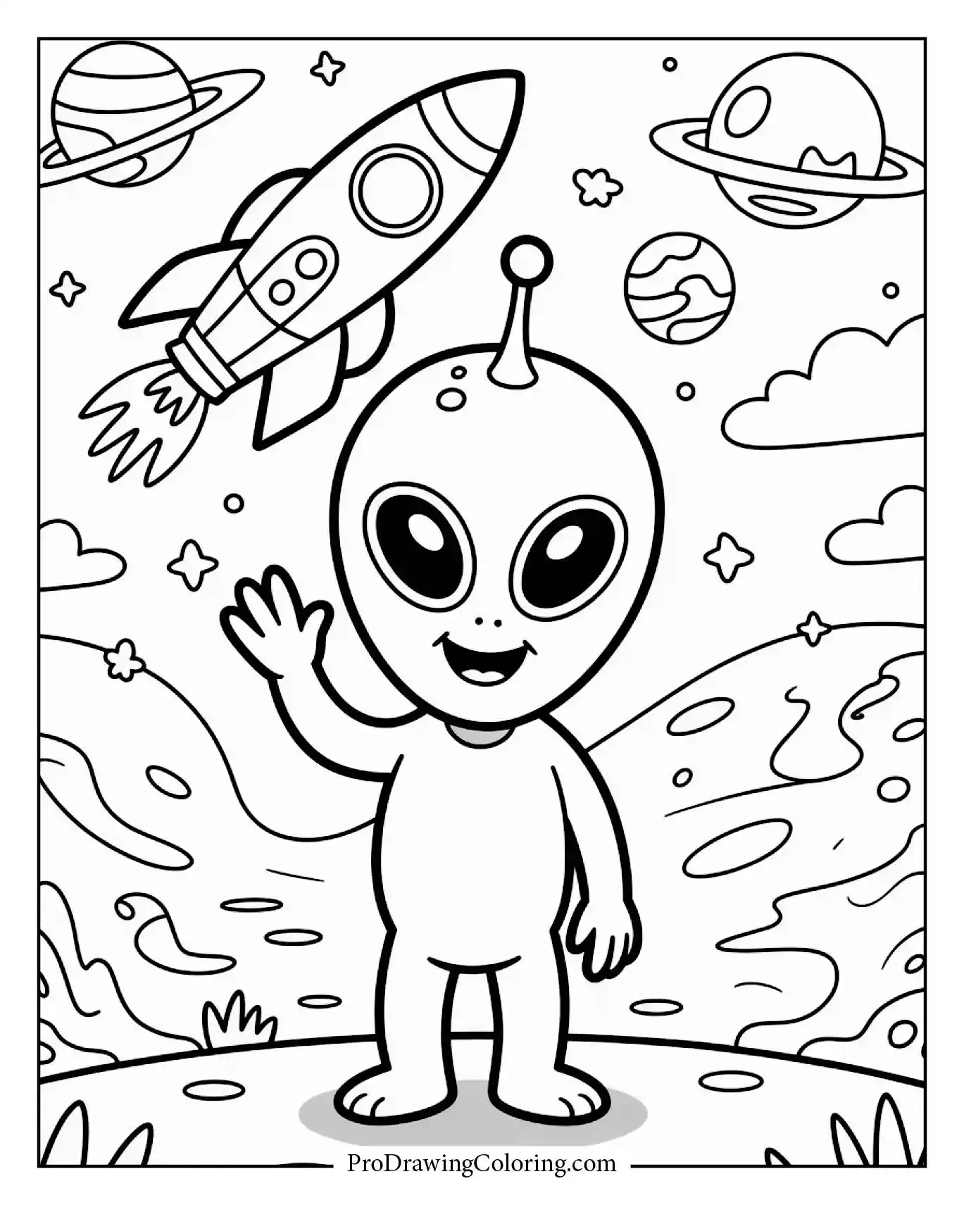 Funny alien waving beside a cartoon spaceship, printable space coloring page for kids.